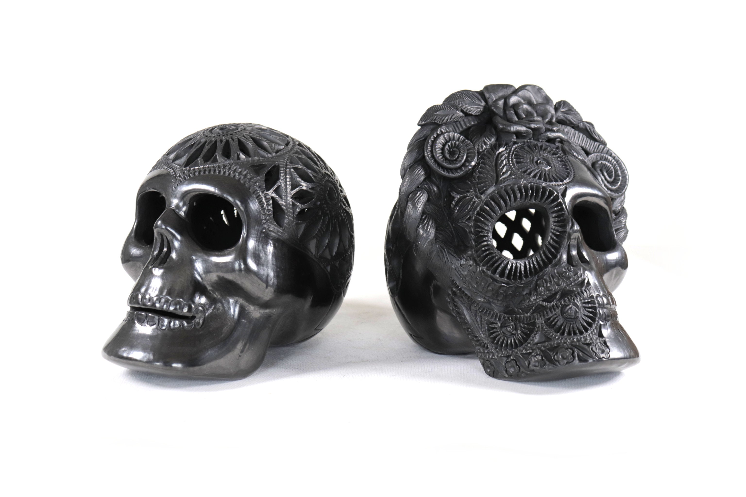 Pair Black Clay Skulls 7.1 in. - 7.9 in. Tere Oax