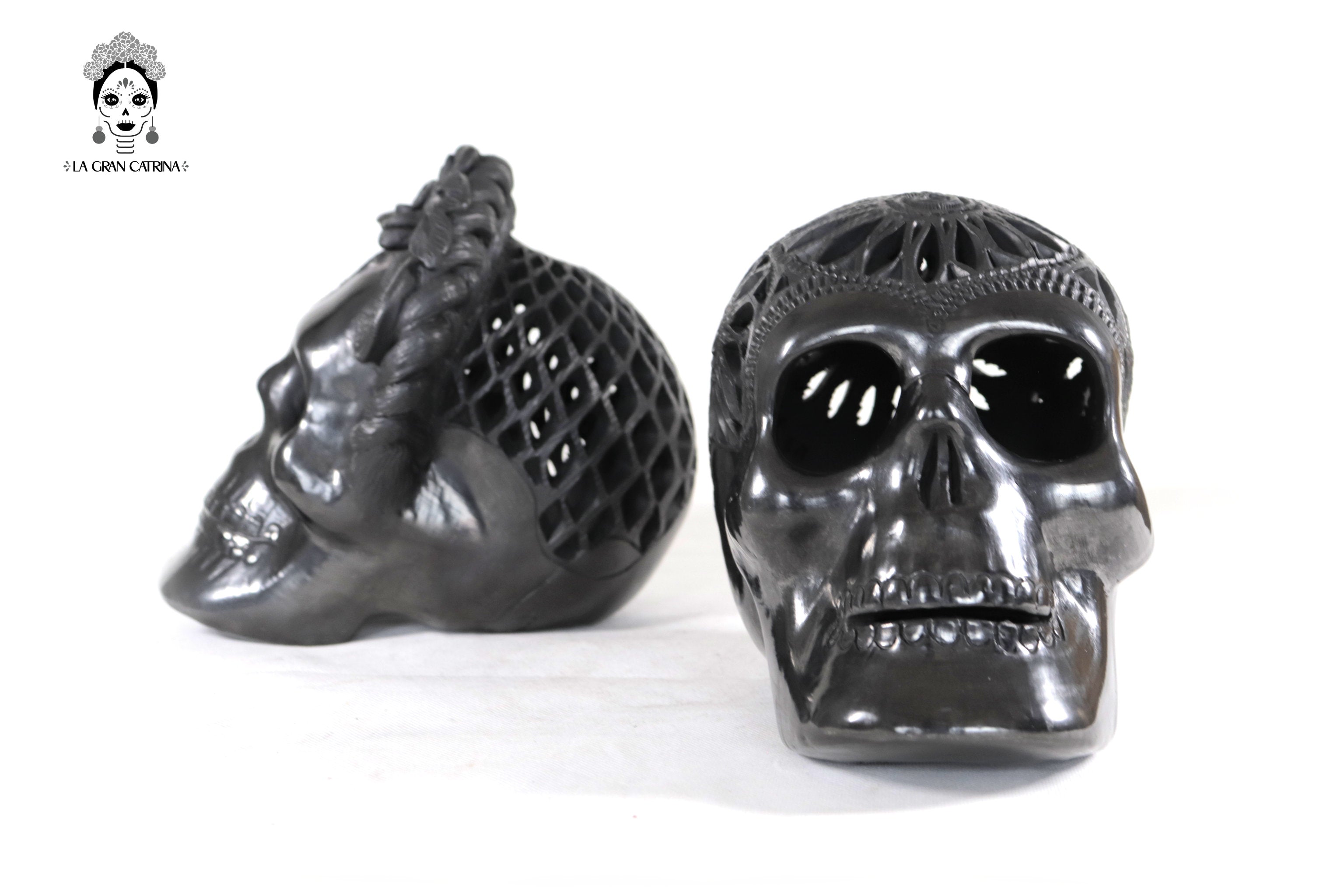 Pair Black Clay Skulls 7.1 in. - 7.9 in. Tere Oax