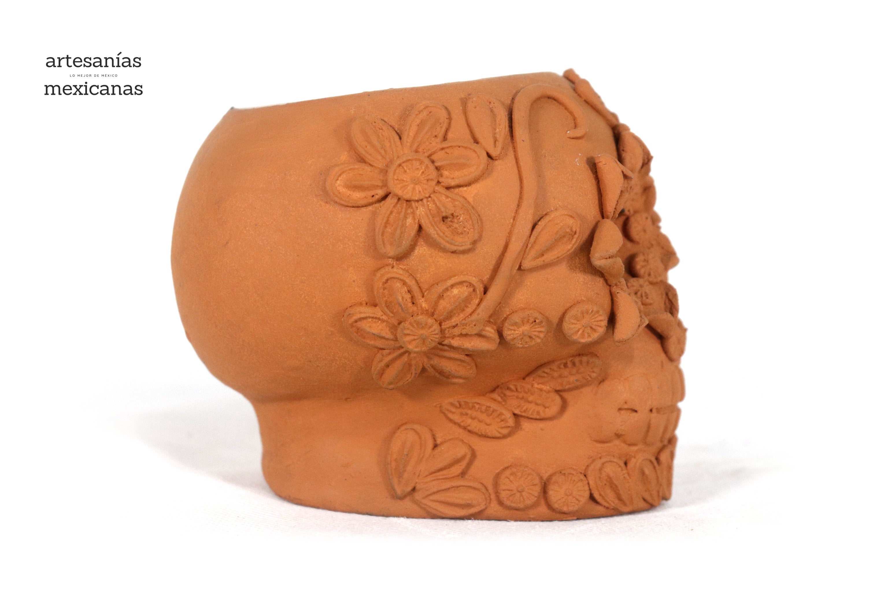 Planter Skull Natural Clay with Flowers Relieve - 3.9 in. Brenda Capula