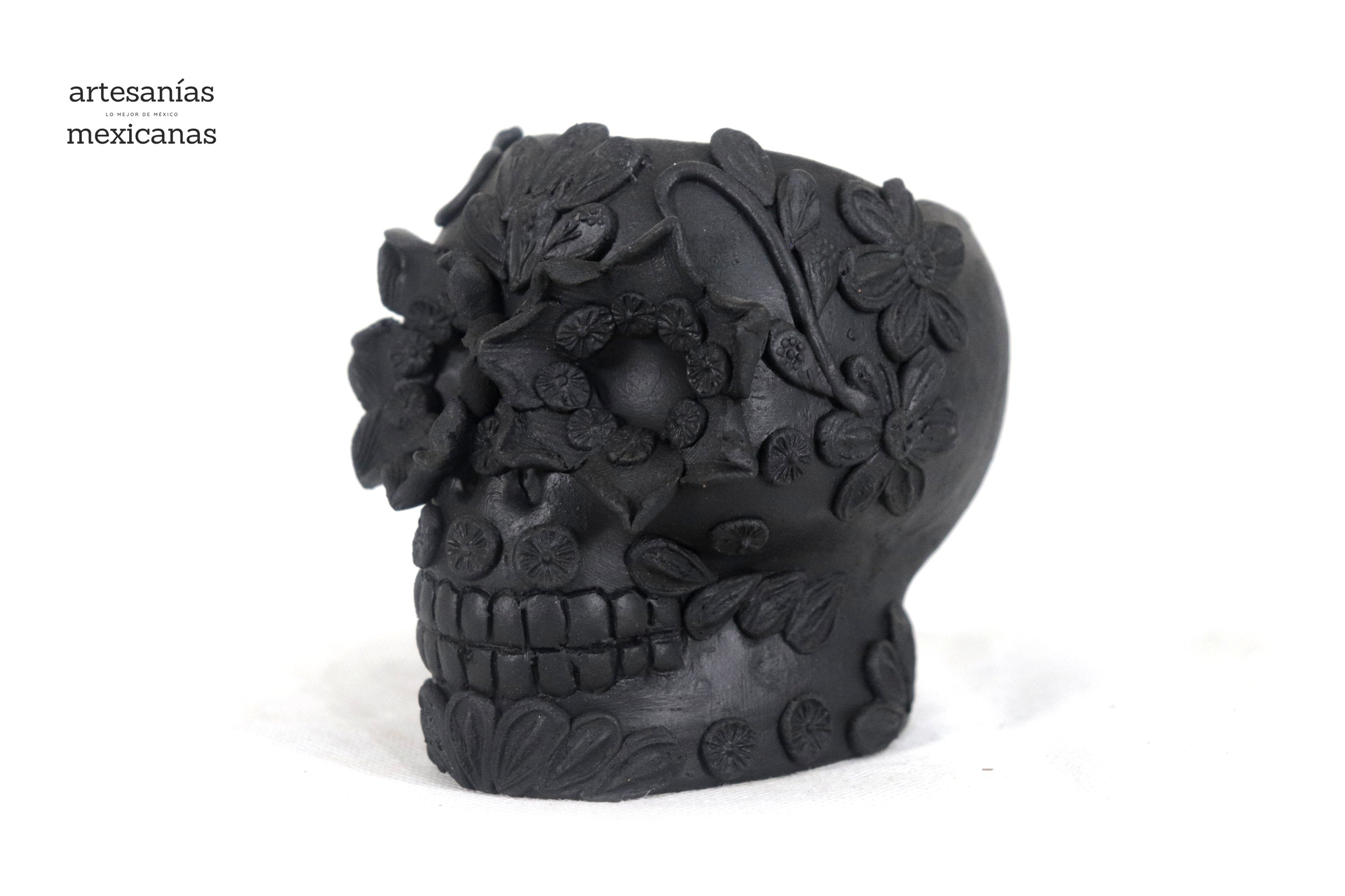 Planter Skull Black Clay with Flowers Relieve - 3.9 in. Brenda Capula