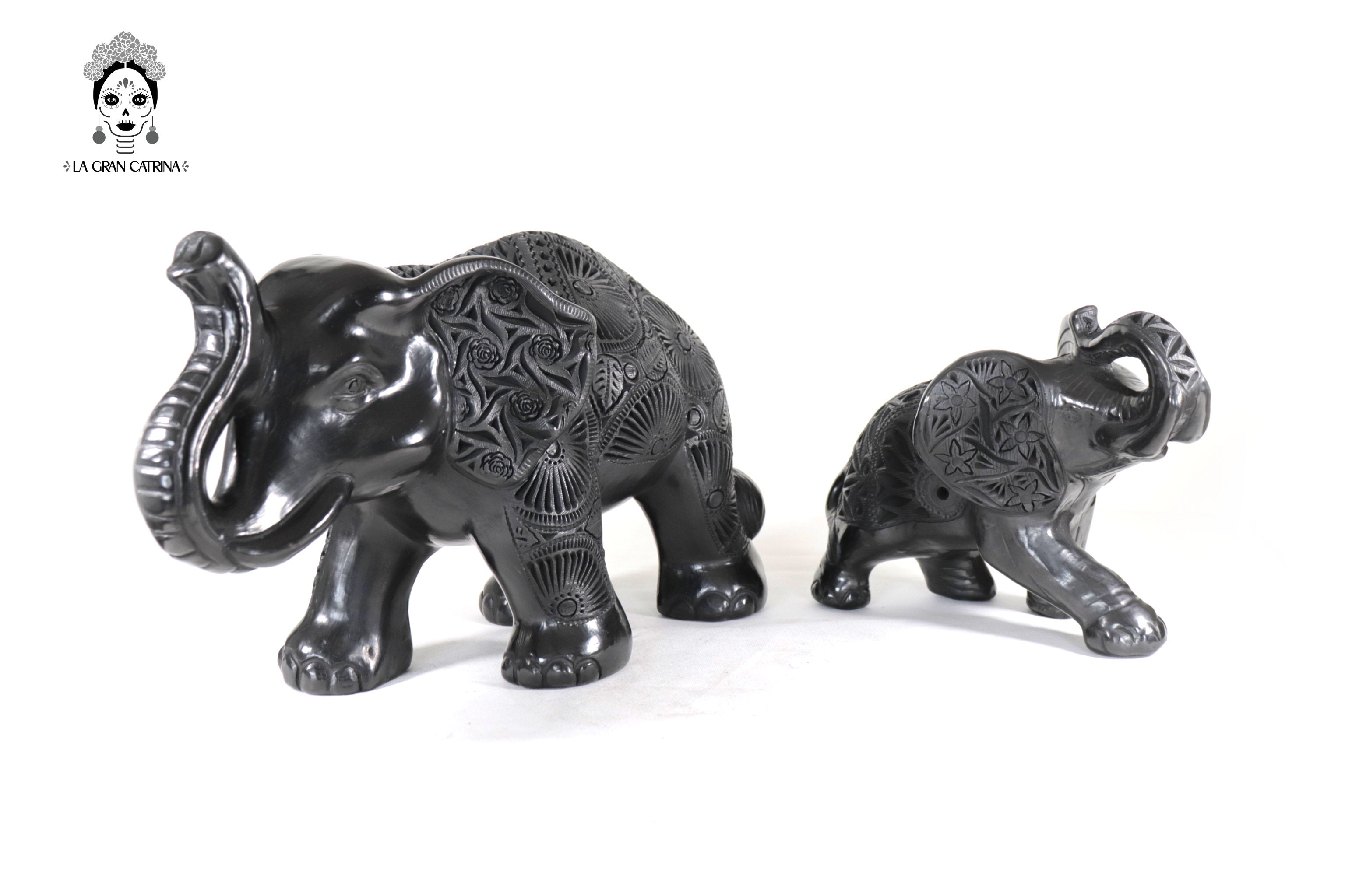 Black Clay Pair of Elephants - 9.4 in. - 7 in. Tere Oax