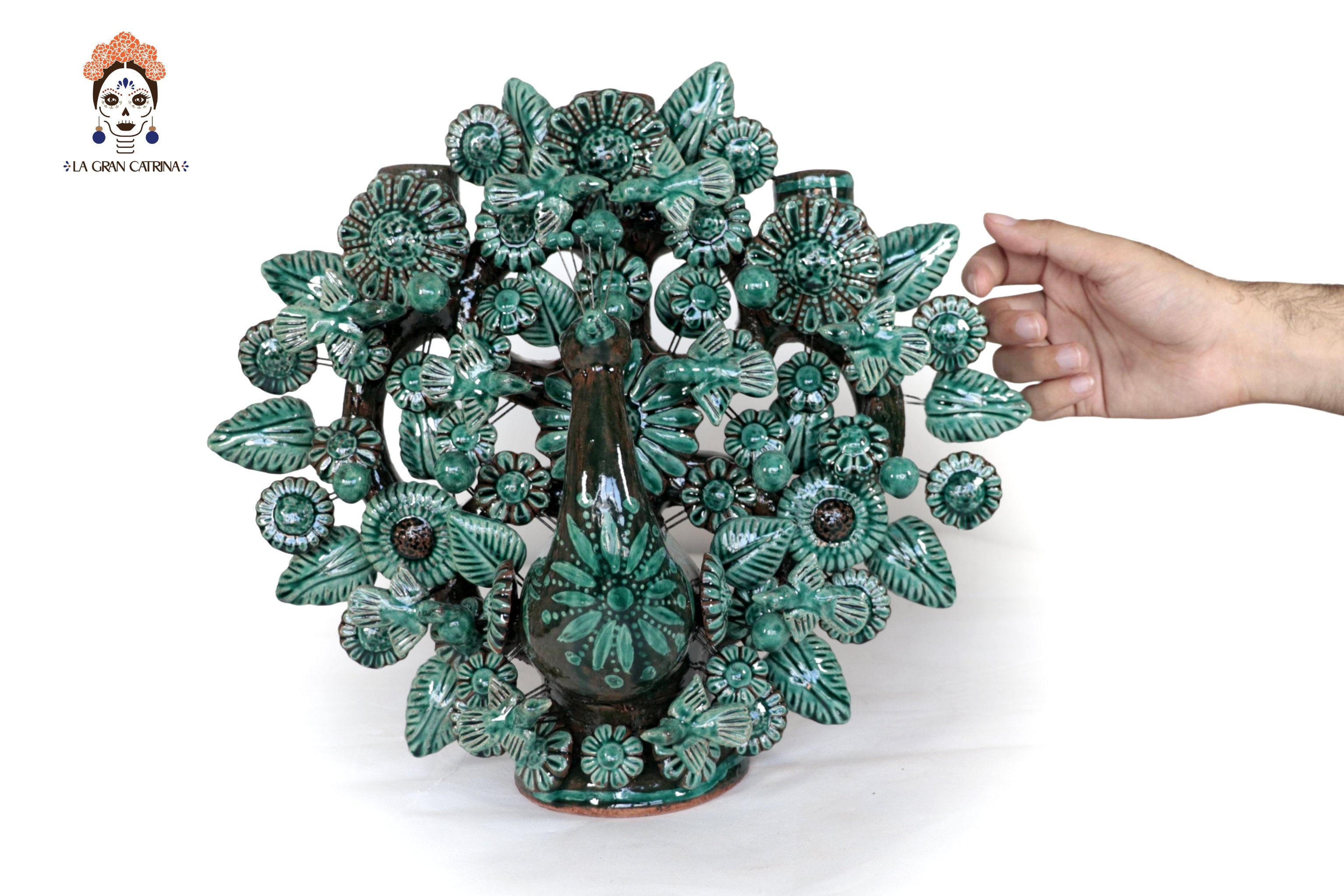 Candleholder Glazed Clay Tree of Life - Estilo Pavo Real - 14.5 in. - Made to Order Montoya