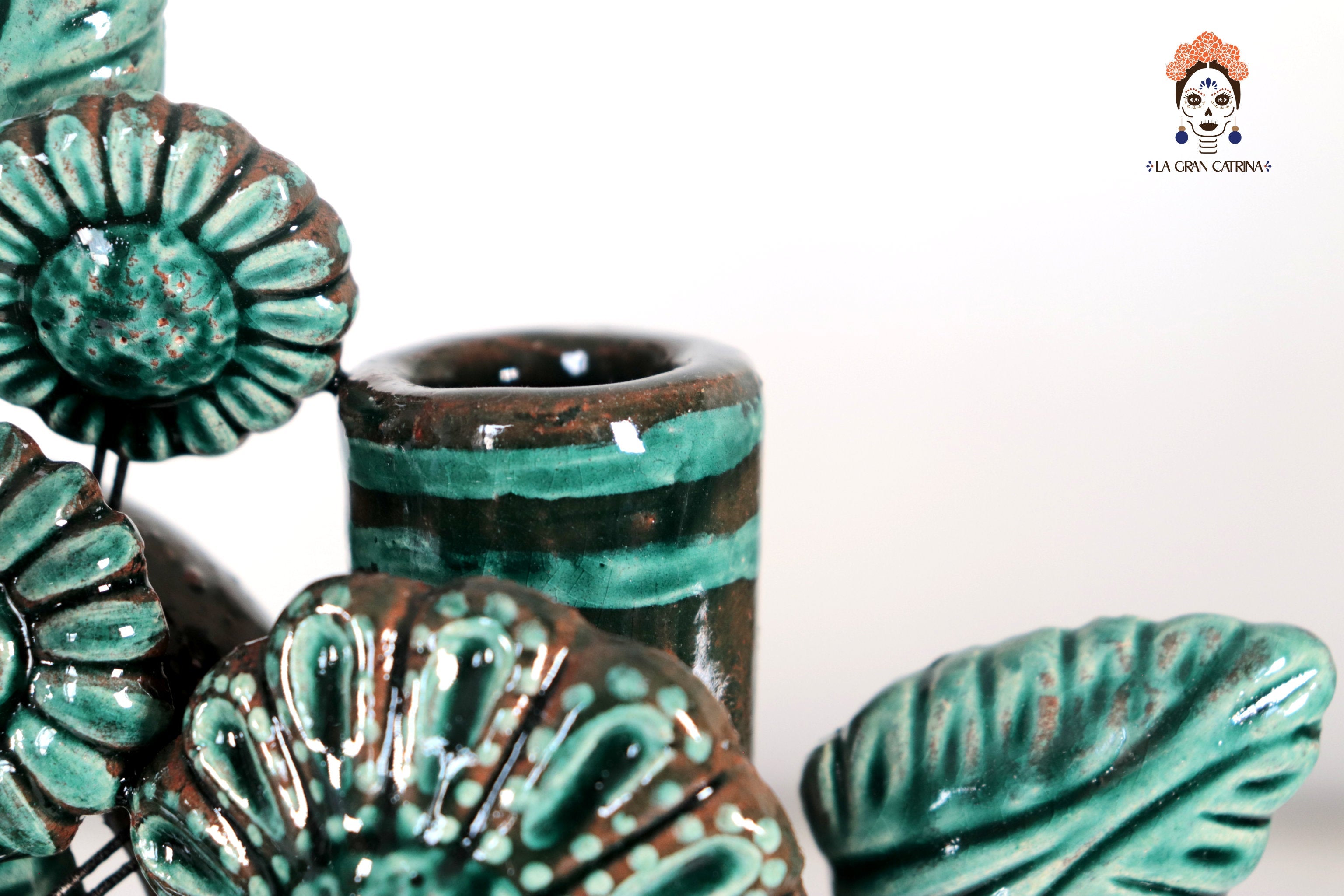 Candleholder Glazed Clay Tree of Life - Estilo Pavo Real - 14.5 in. - Made to Order Montoya