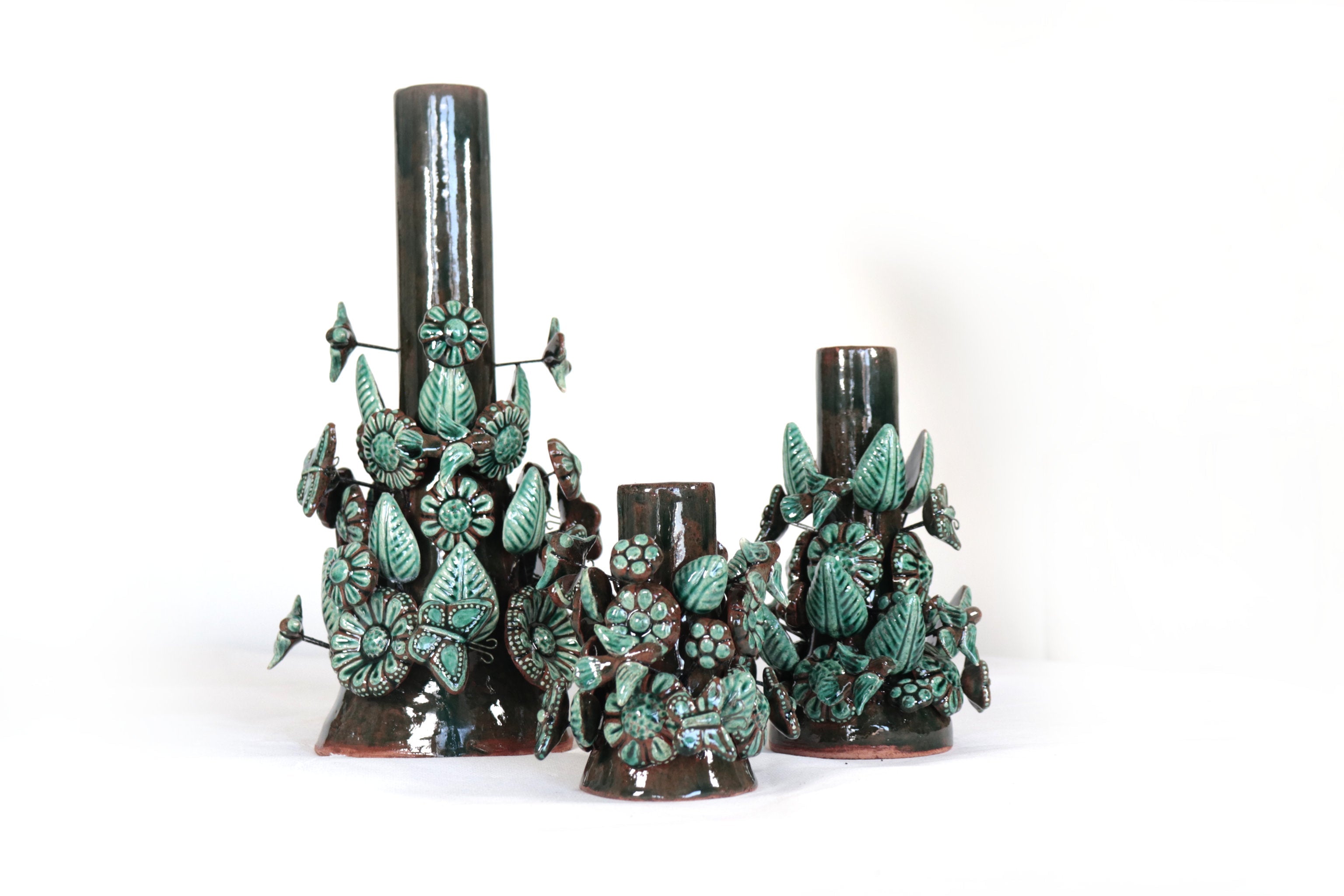Set of 3 Porta Cirio Green - Glazed Clay - 11.4 in. Montoya