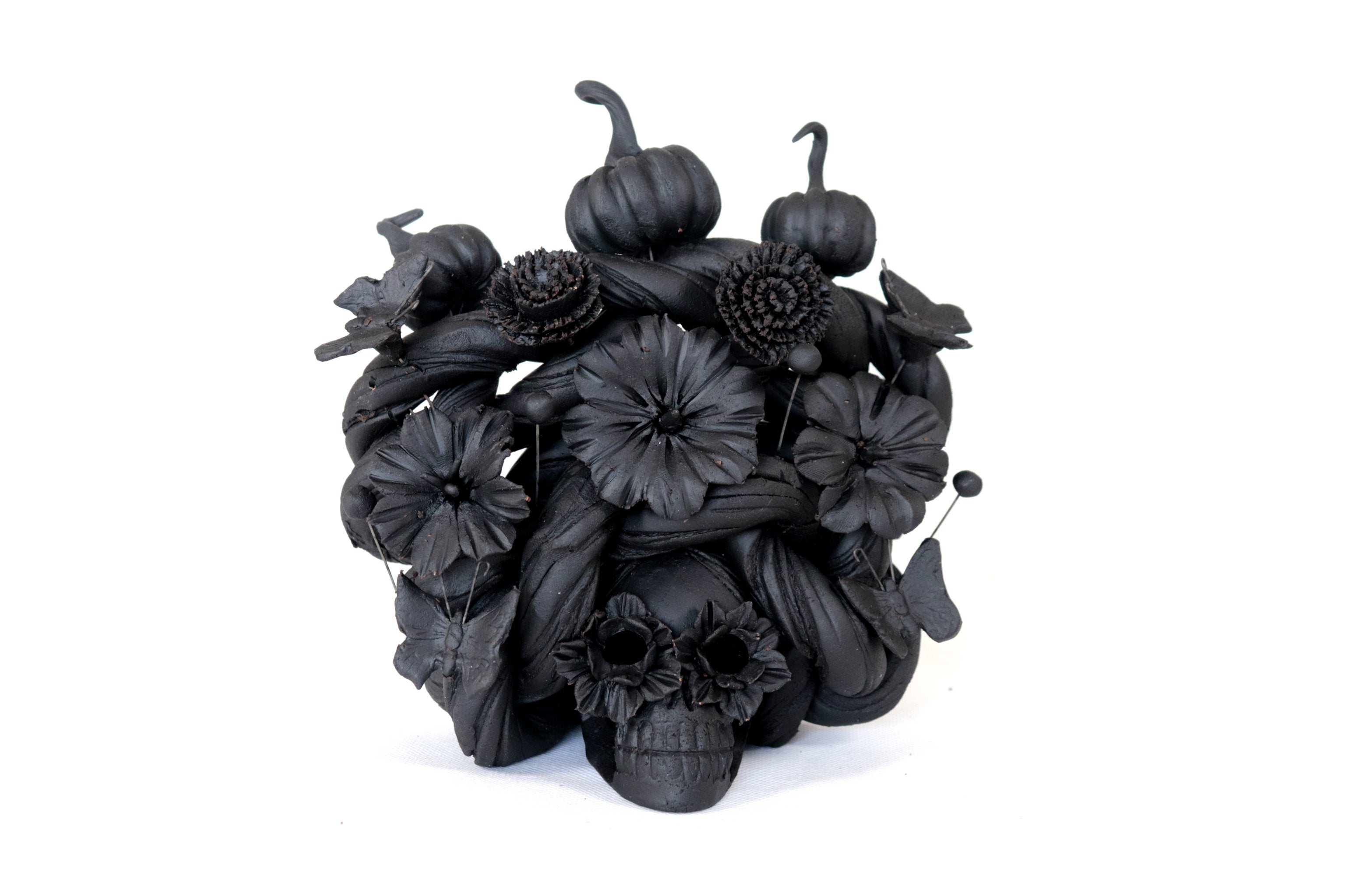 Skull black with Butterflies and Pumpkins II - 5.7 in. Yuliana Capula