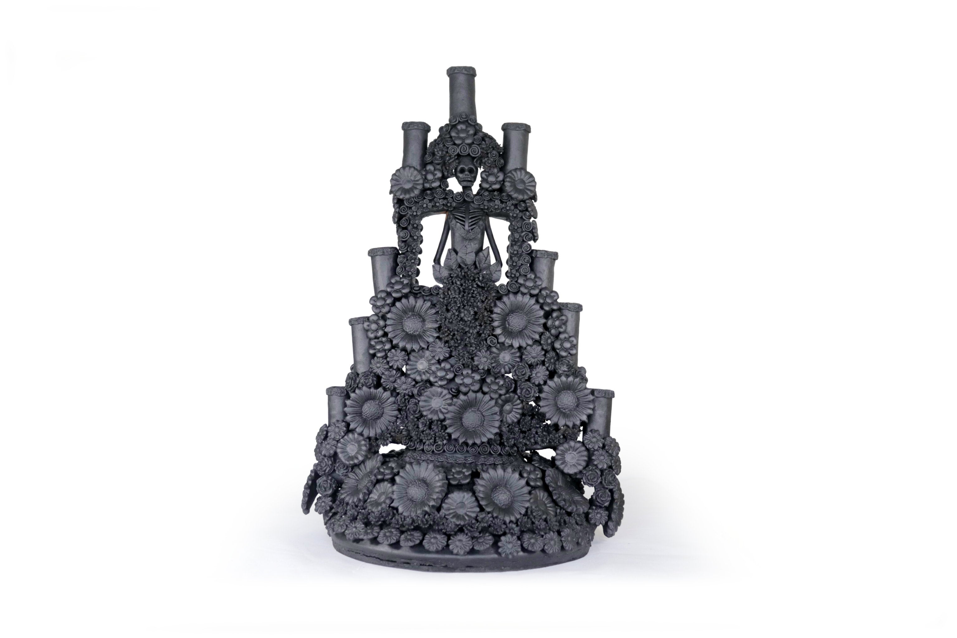 Candleholder Tallr Skull Floral Black Clay - 24.4 in. - Made to Order Manuel Avalos