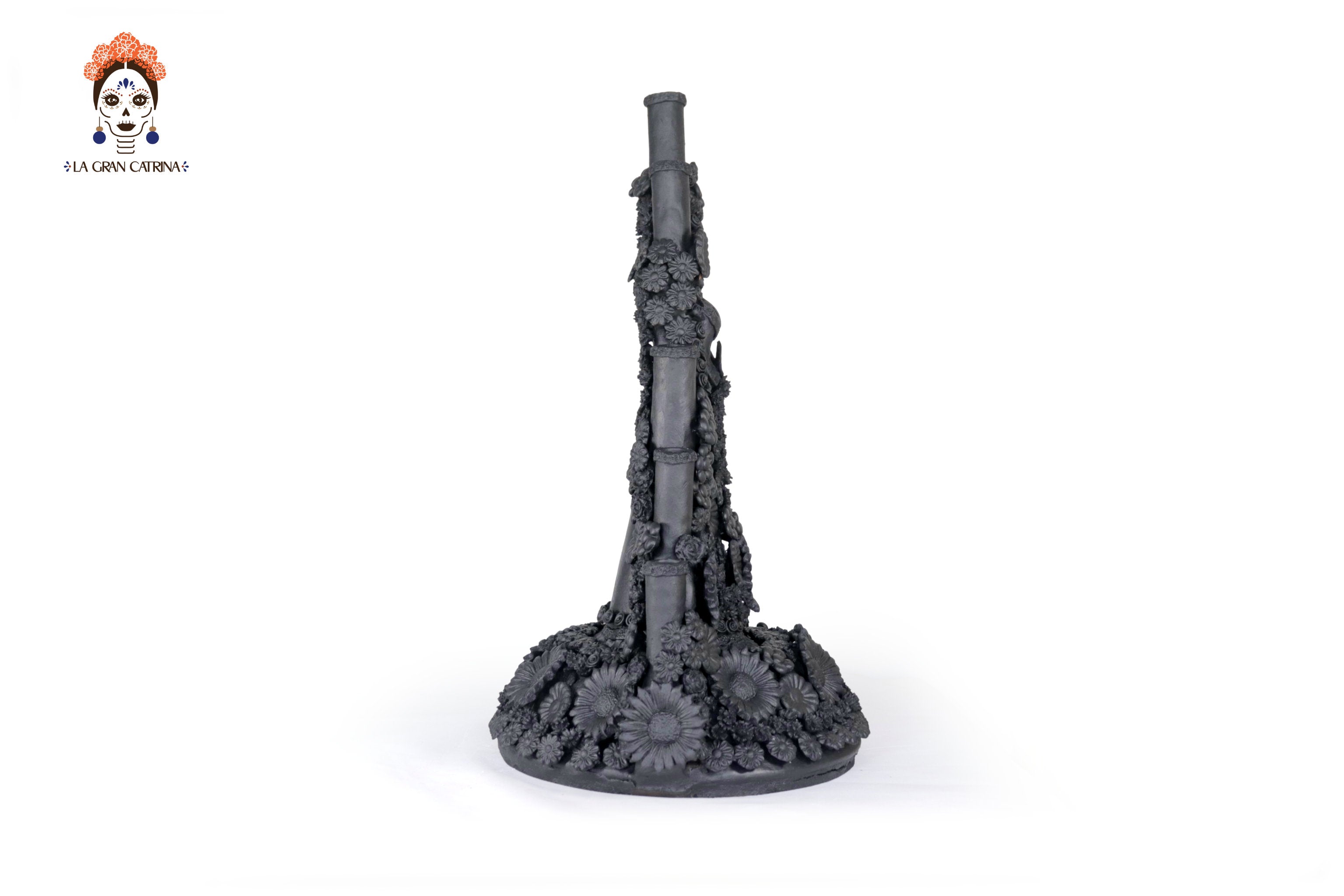 Candleholder Tallr Skull Floral Black Clay - 24.4 in. - Made to Order Manuel Avalos