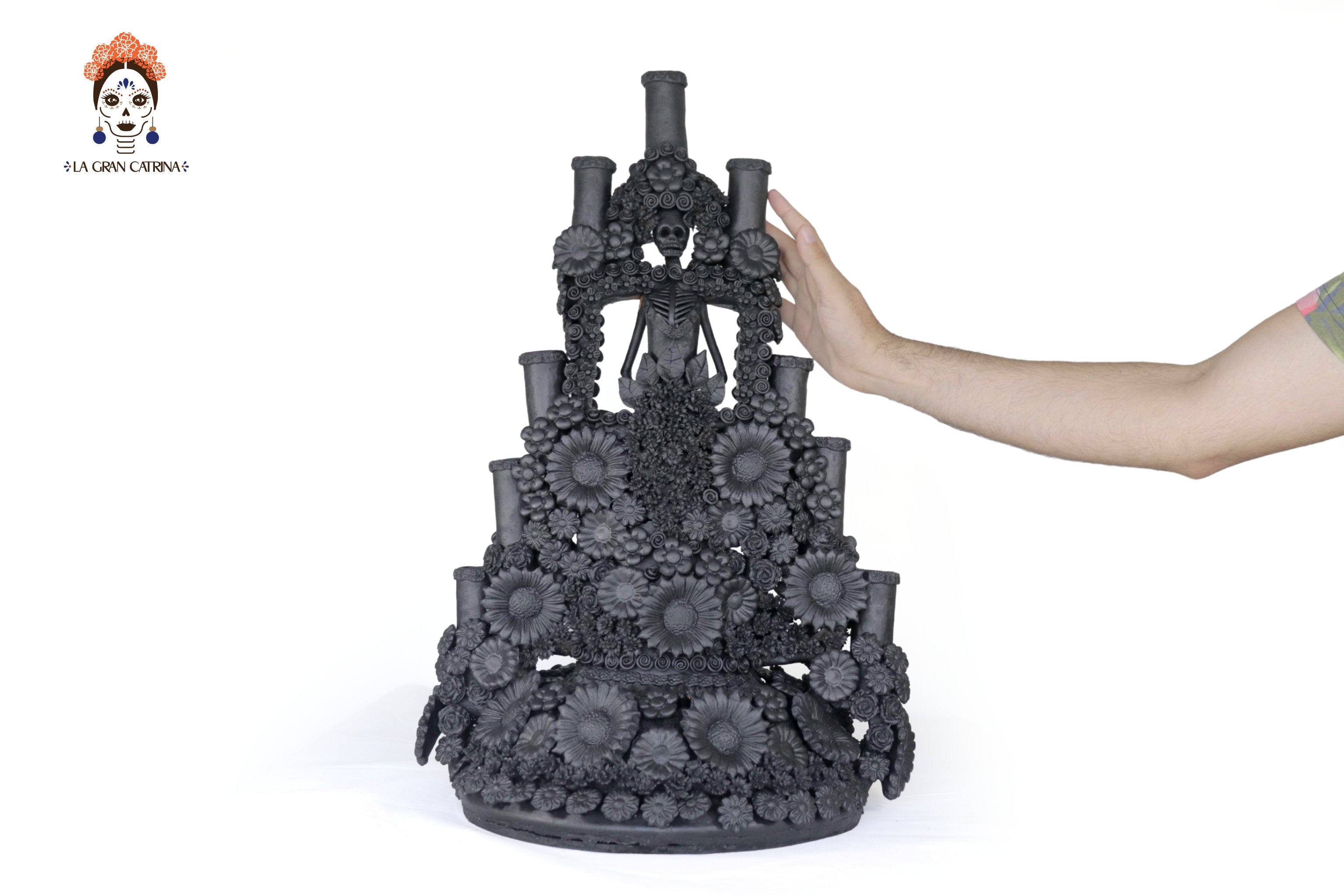 Candleholder Tallr Skull Floral Black Clay - 24.4 in. - Made to Order Manuel Avalos