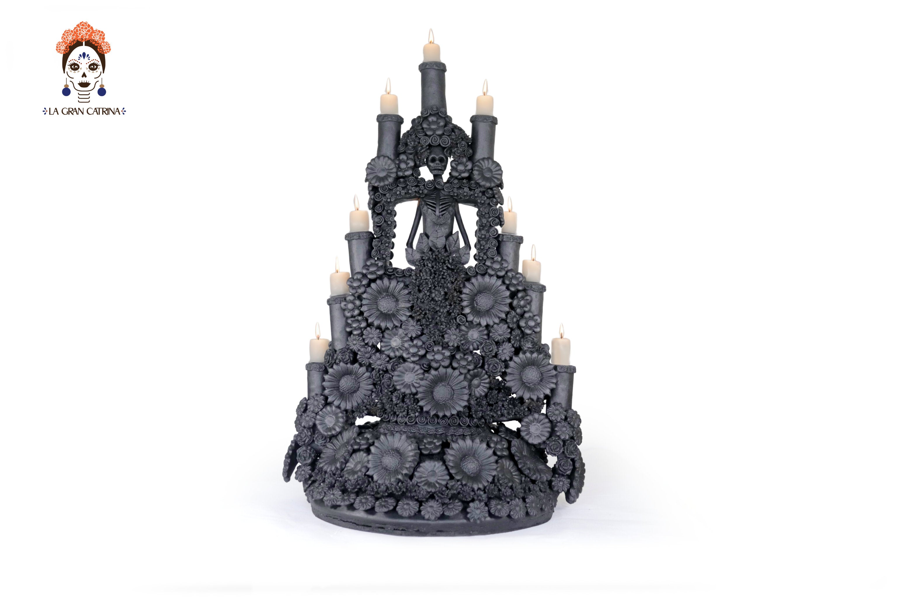 Candleholder Tallr Skull Floral Black Clay - 24.4 in. - Made to Order Manuel Avalos