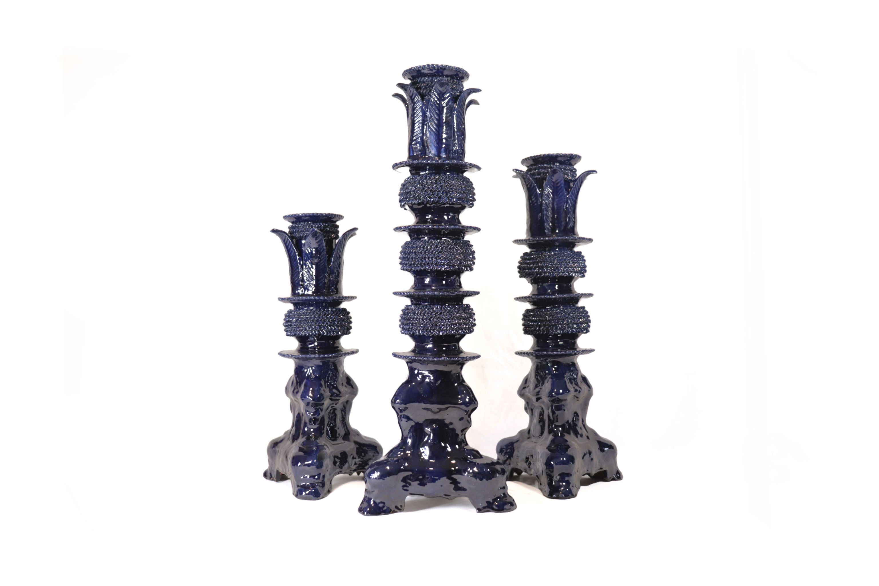 Set of 3 Candleholders Blue with leaves - Glazed Clay Juan Gtz