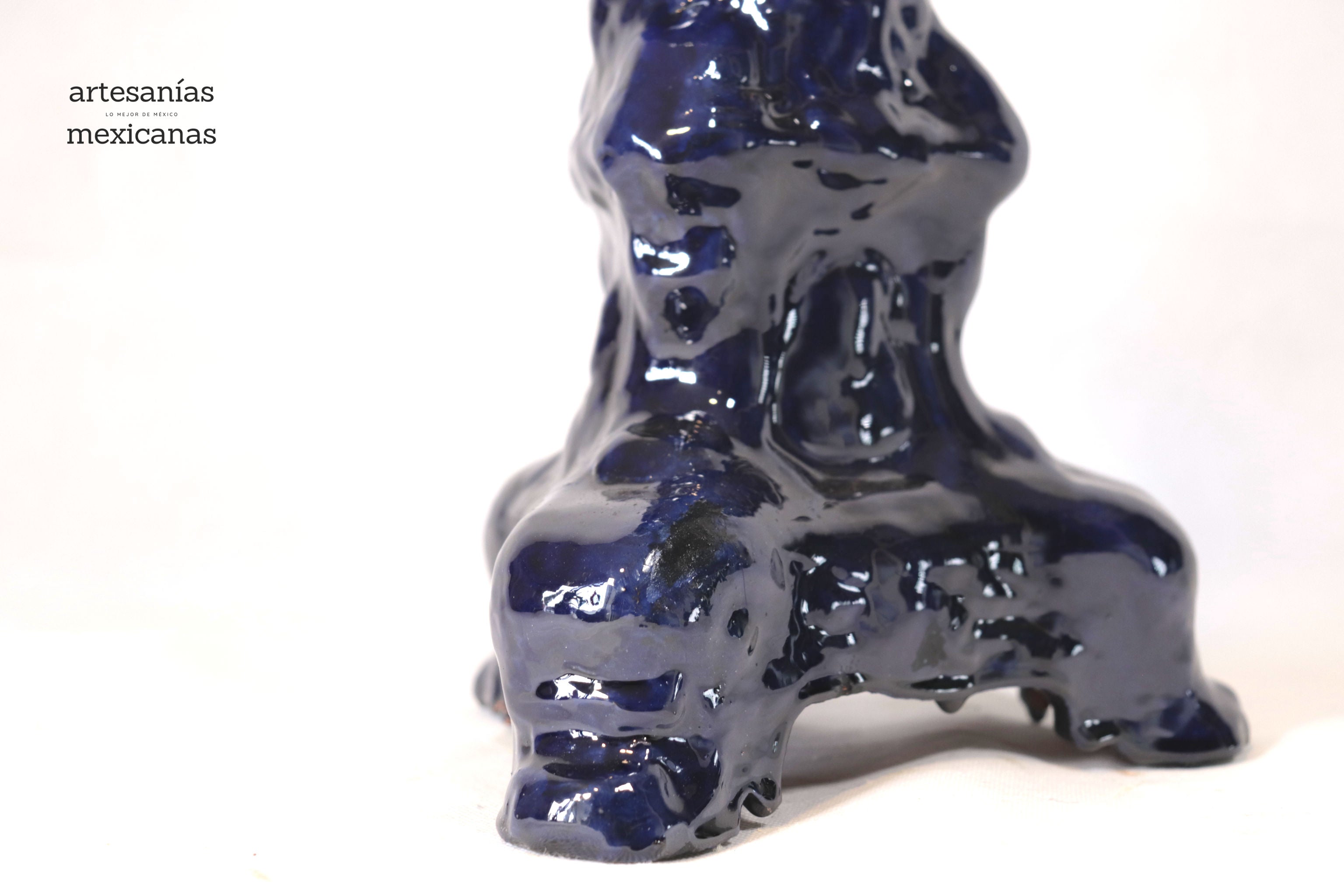 Set of 3 Candleholders Blue with leaves - Glazed Clay Juan Gtz