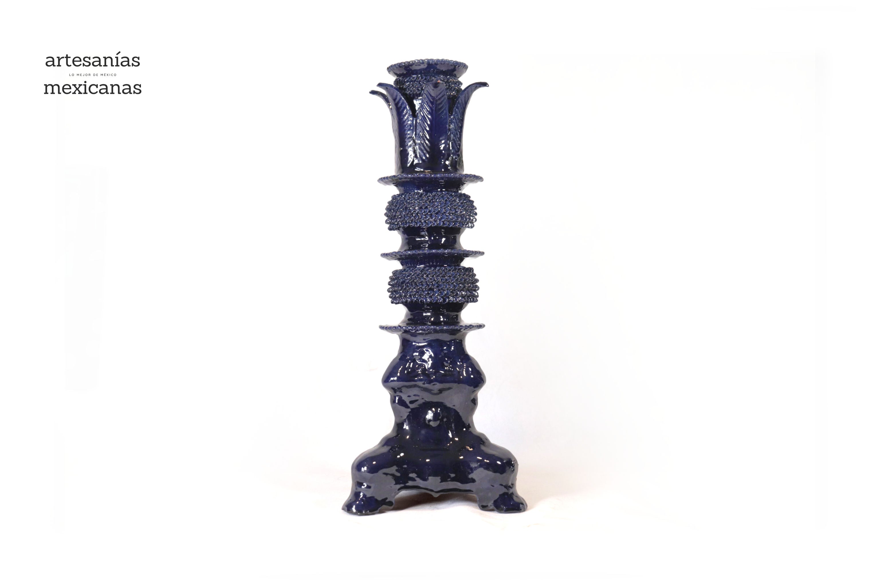 Set of 3 Candleholders Blue with leaves - Glazed Clay Juan Gtz
