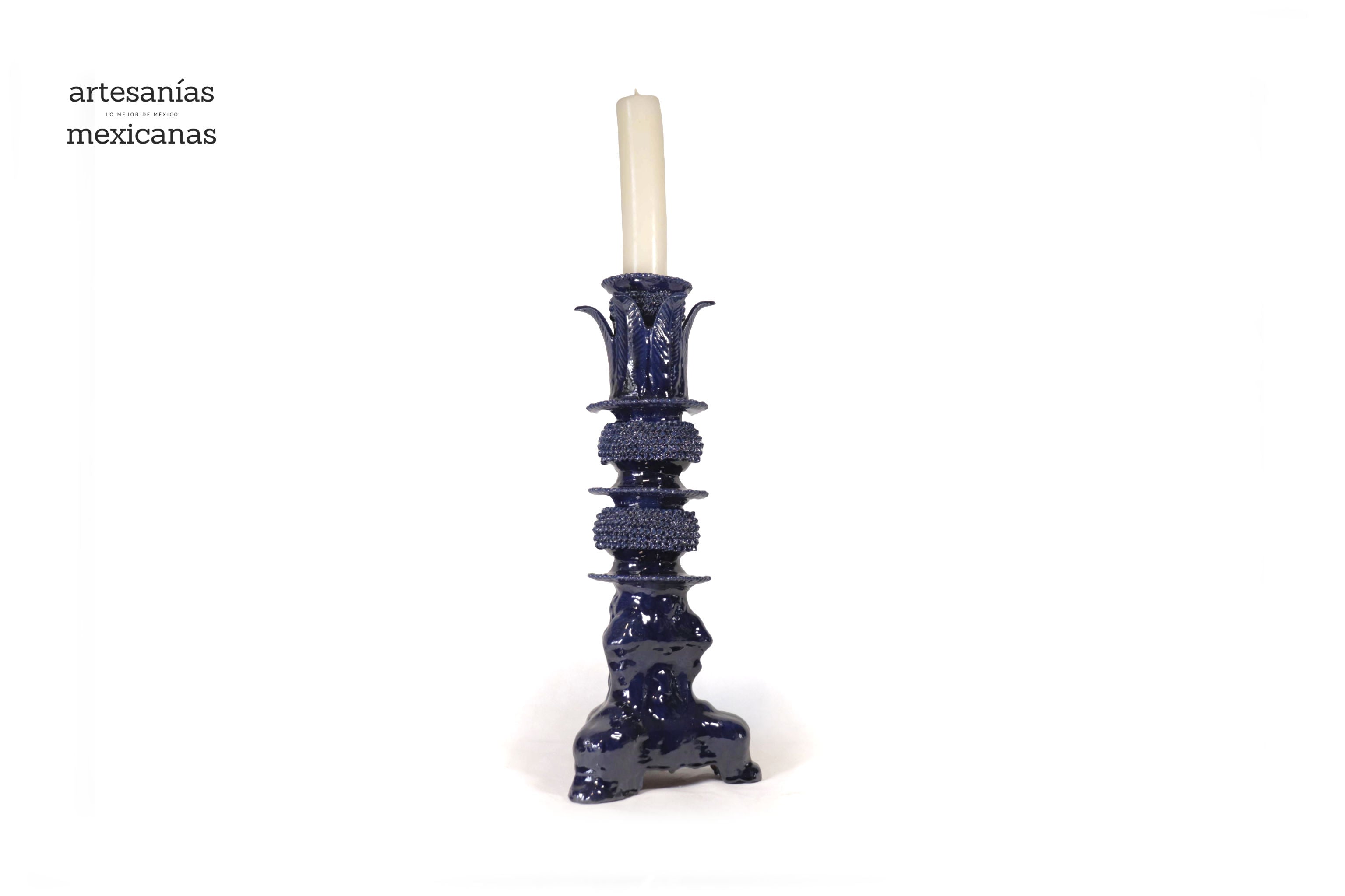 Set of 3 Candleholders Blue with leaves - Glazed Clay Juan Gtz