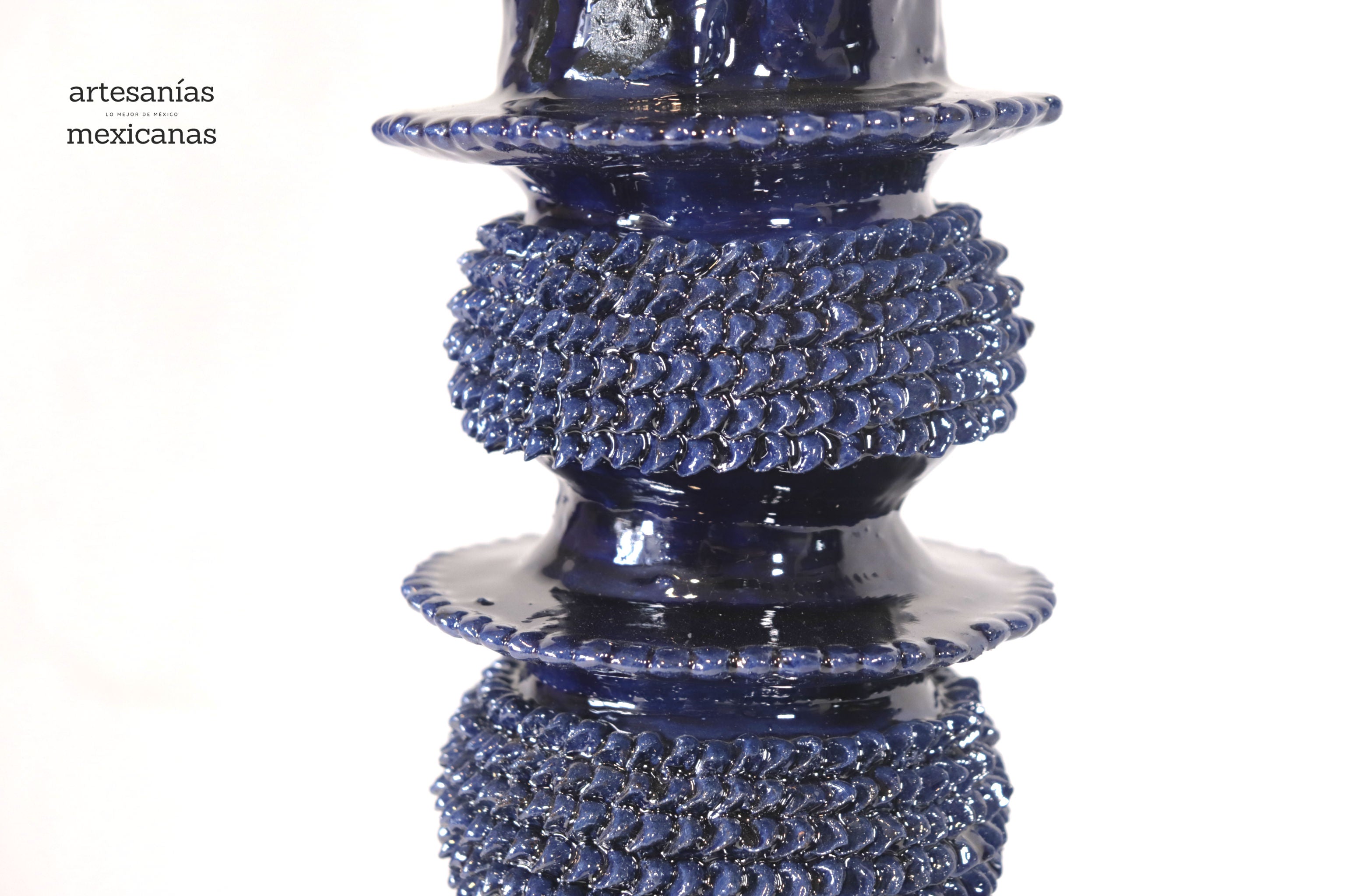 Set of 3 Candleholders Blue with leaves - Glazed Clay Juan Gtz