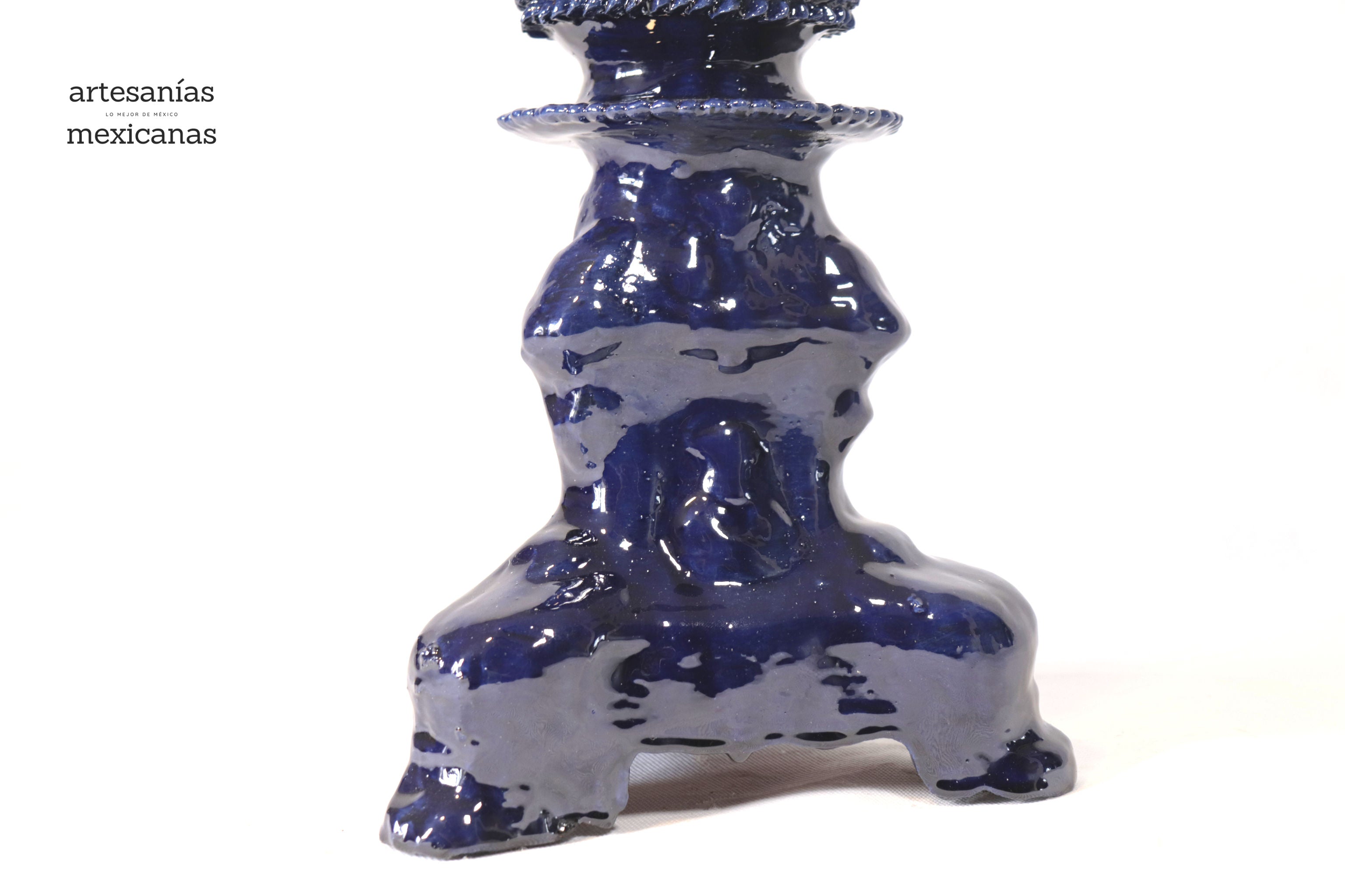 Set of 3 Candleholders Blue with leaves - Glazed Clay Juan Gtz