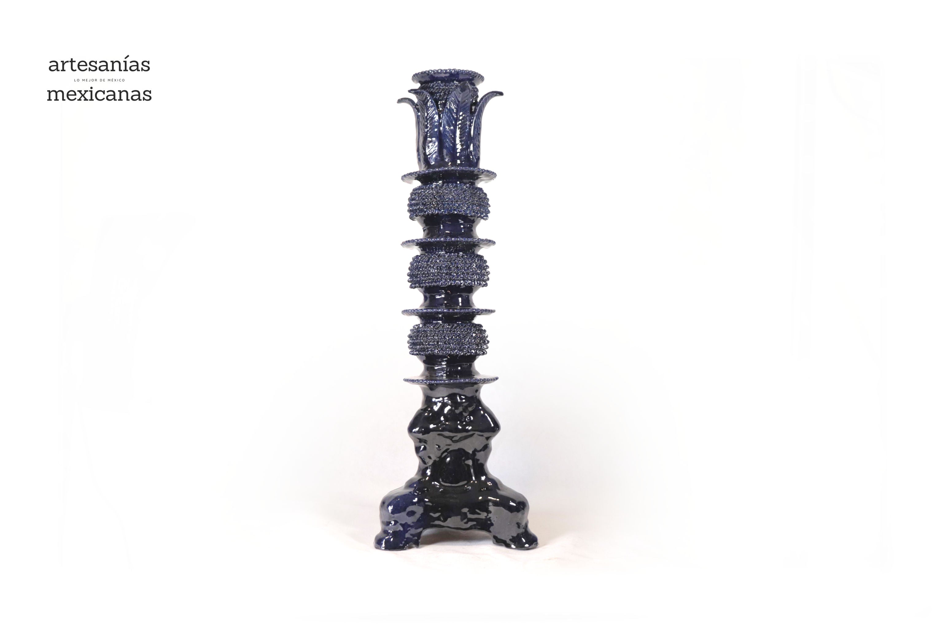 Set of 3 Candleholders Blue with leaves - Glazed Clay Juan Gtz