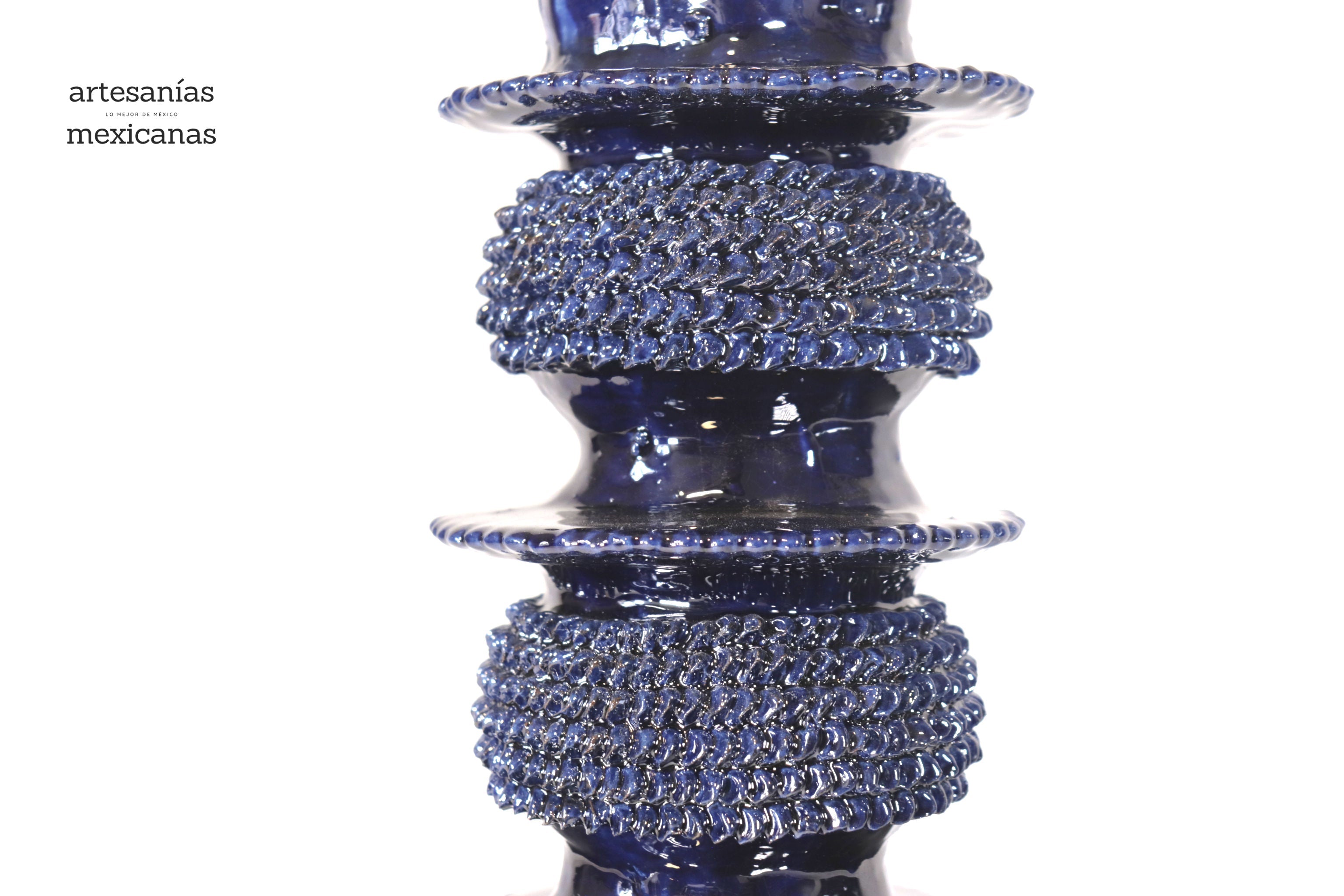 Set of 3 Candleholders Blue with leaves - Glazed Clay Juan Gtz