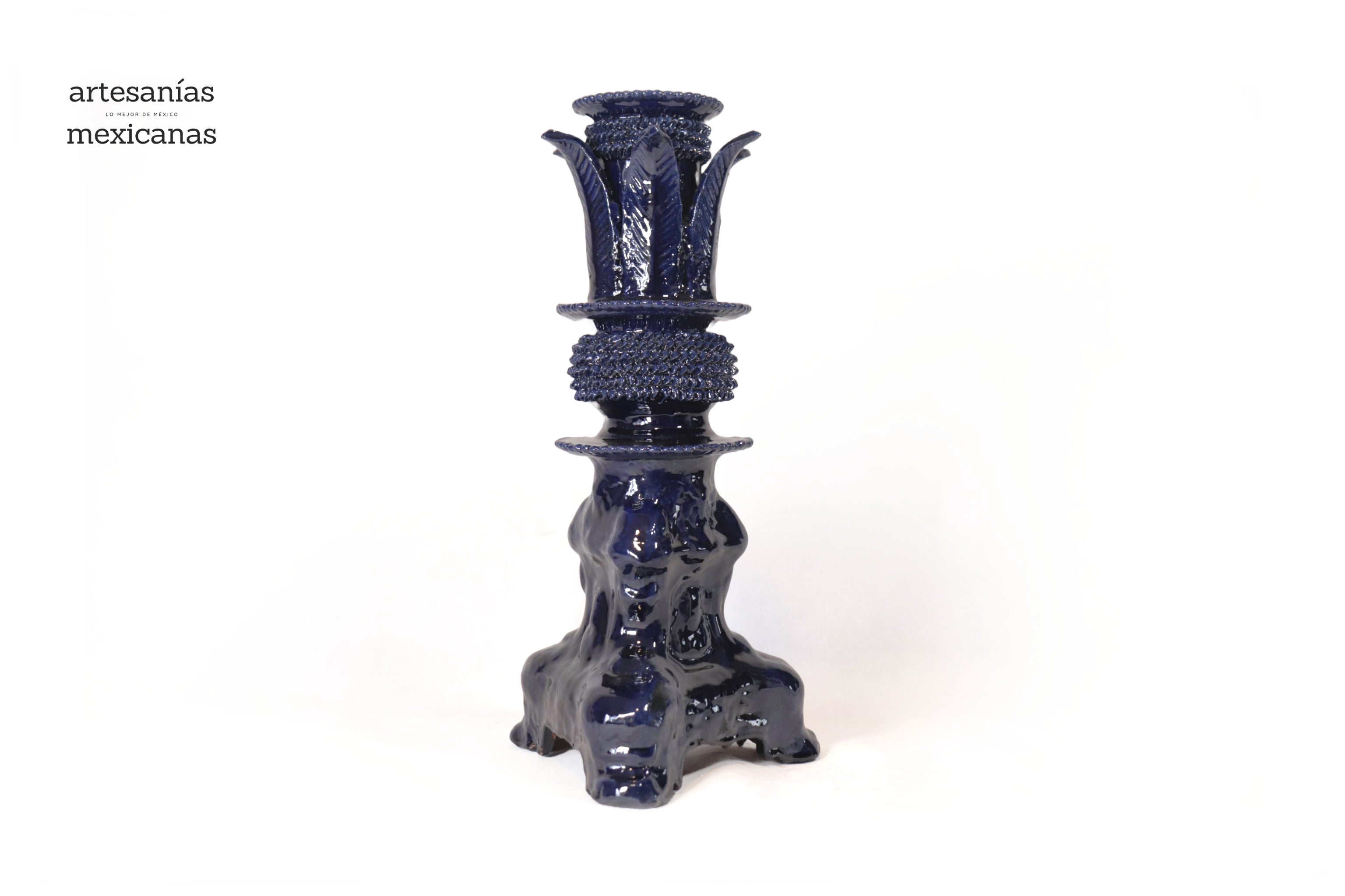 Set of 3 Candleholders Blue with leaves - Glazed Clay Juan Gtz