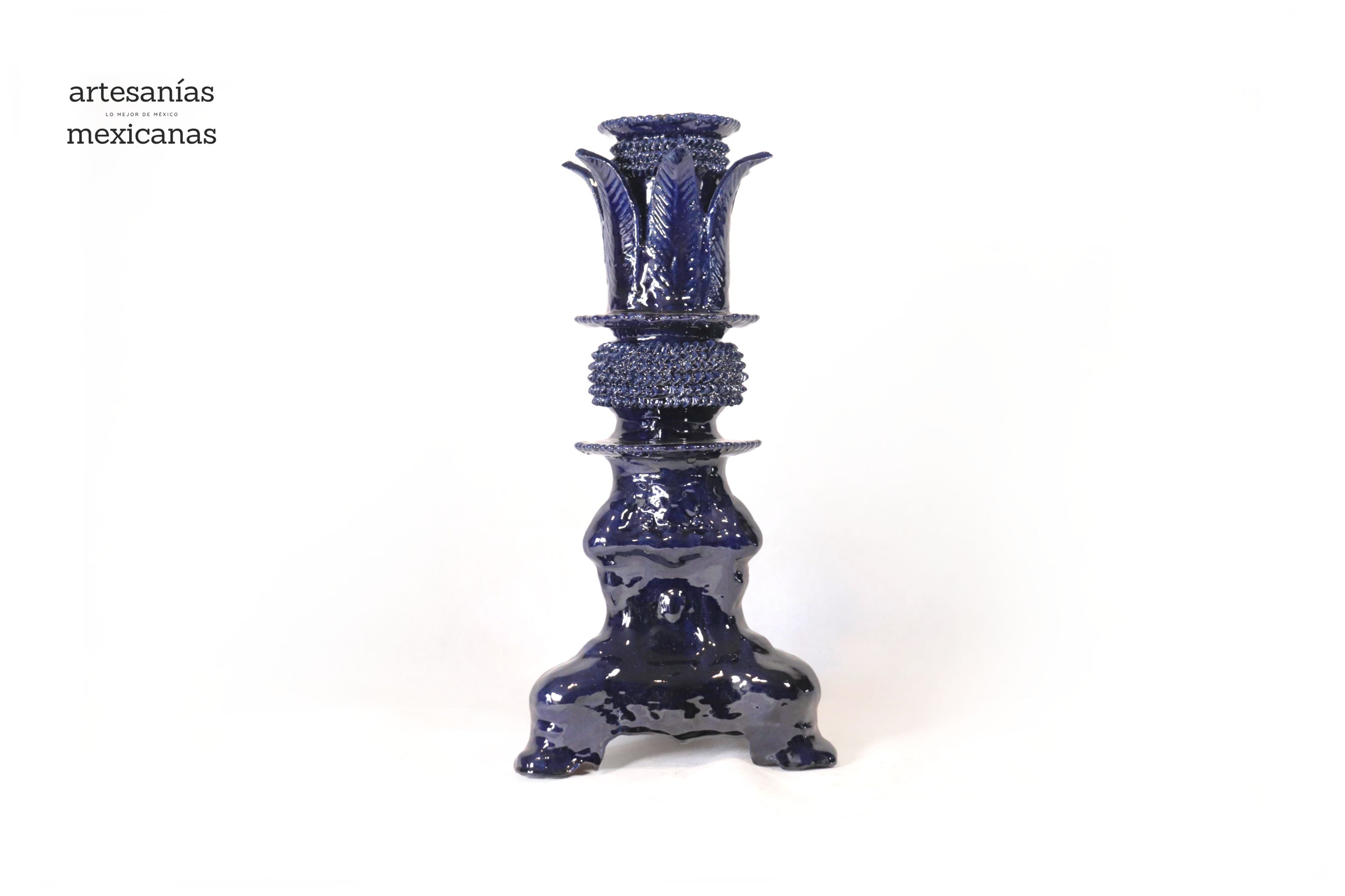 Set of 3 Candleholders Blue with leaves - Glazed Clay Juan Gtz