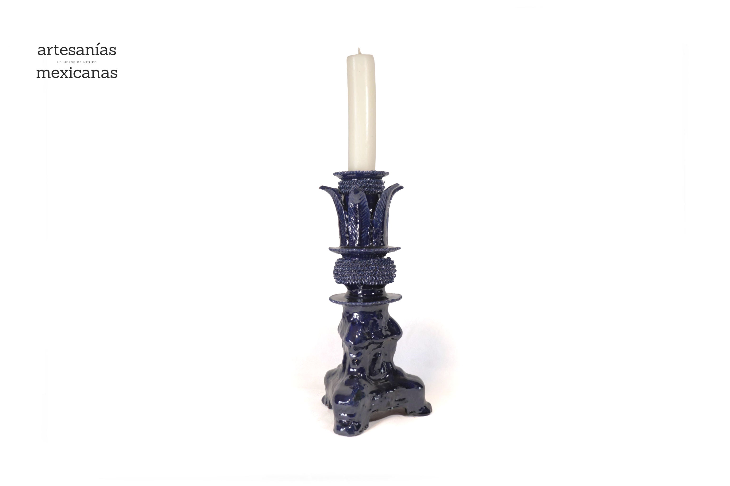 Set of 3 Candleholders Blue with leaves - Glazed Clay Juan Gtz