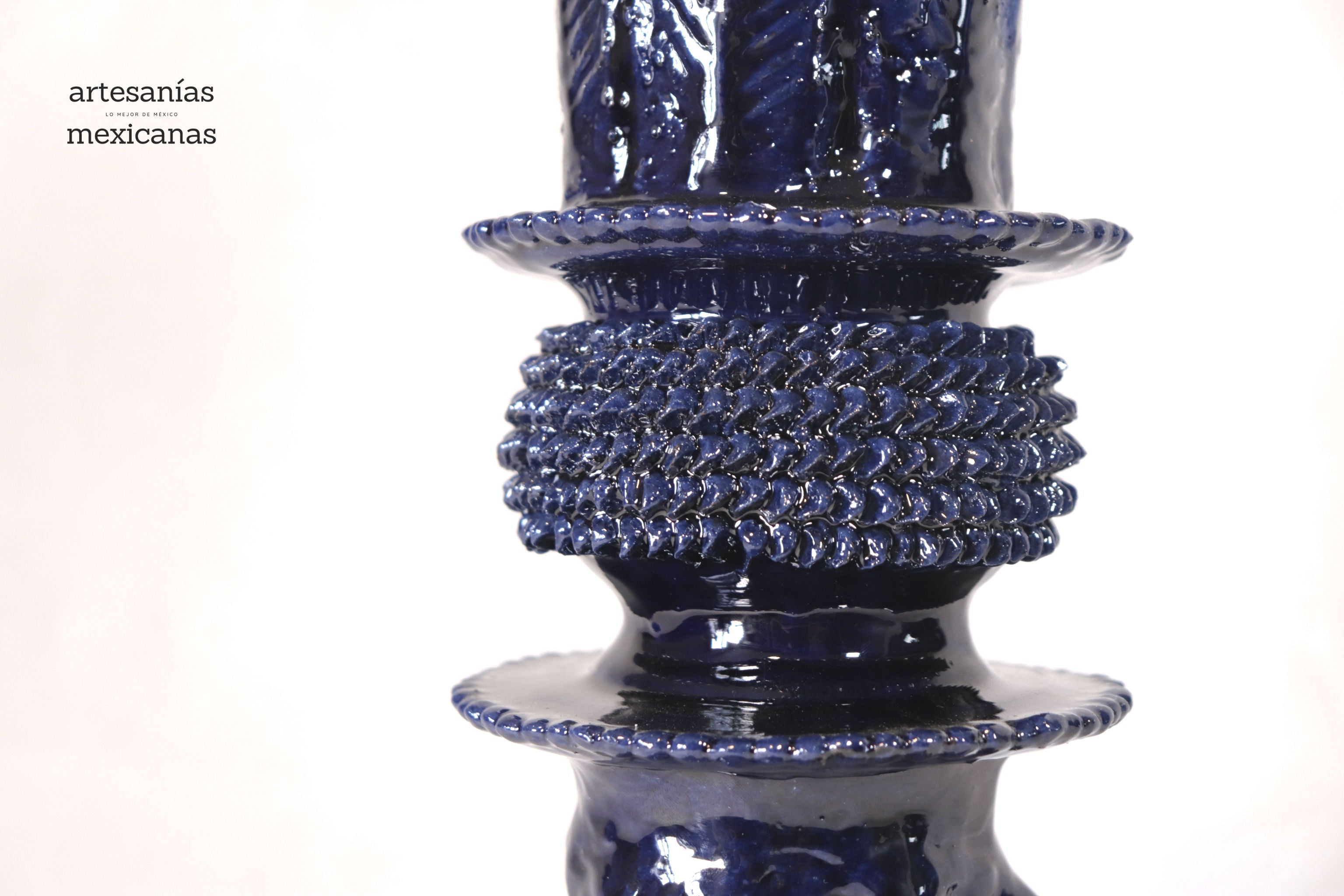 Set of 3 Candleholders Blue with leaves - Glazed Clay Juan Gtz