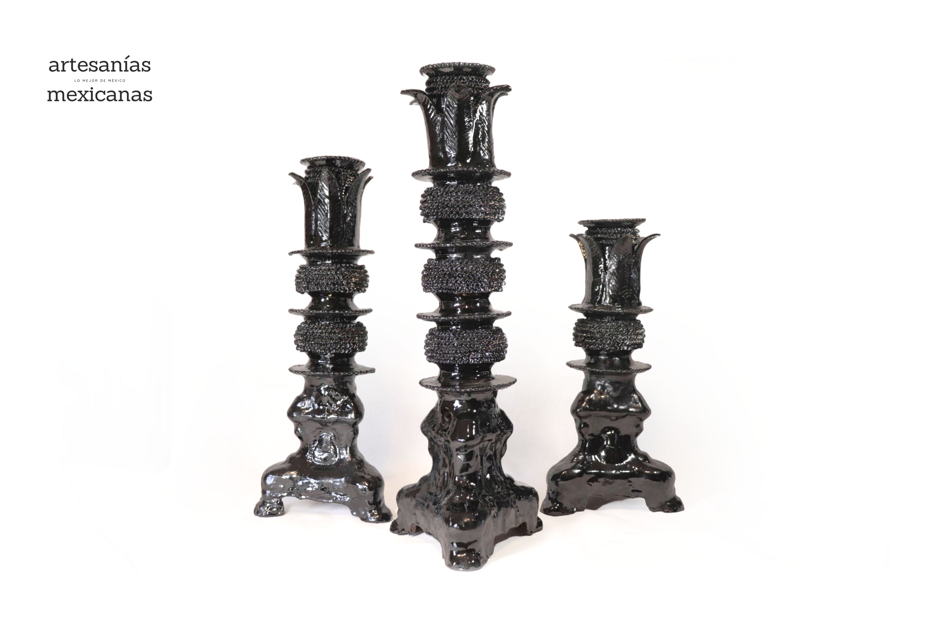 Set of 3 Candleholders Black with leaves - Glazed Clay Juan Gtz