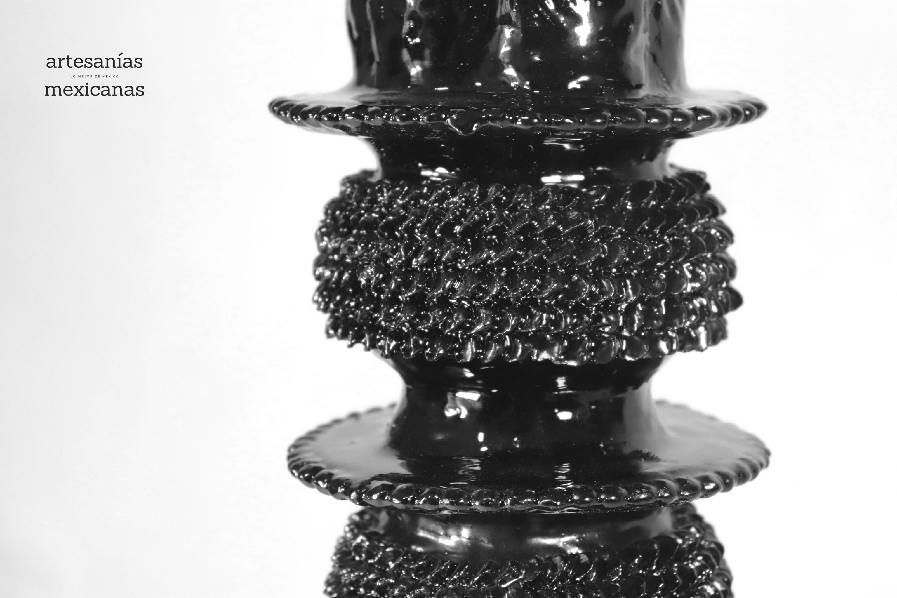 Set of 3 Candleholders Black with leaves - Glazed Clay Juan Gtz