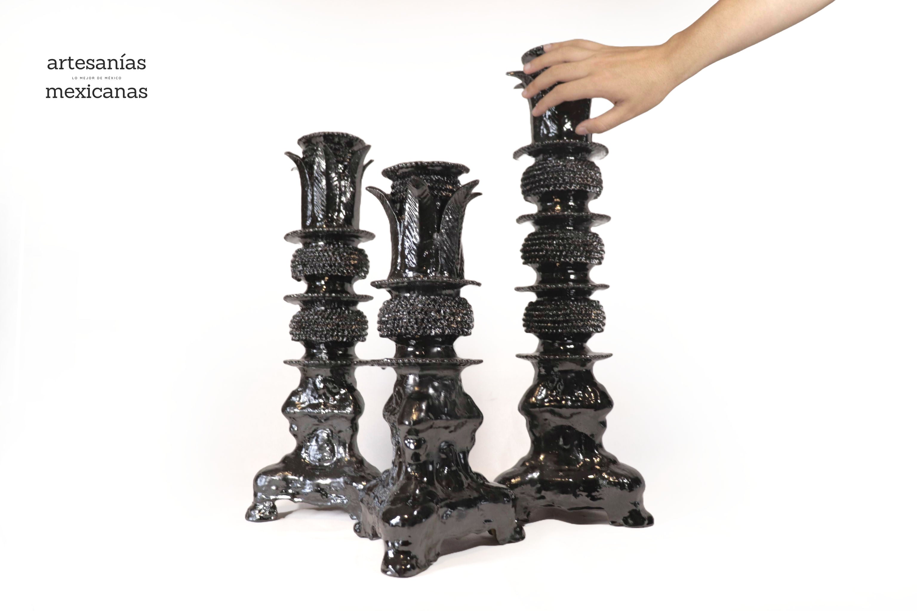 Set of 3 Candleholders Black with leaves - Glazed Clay Juan Gtz