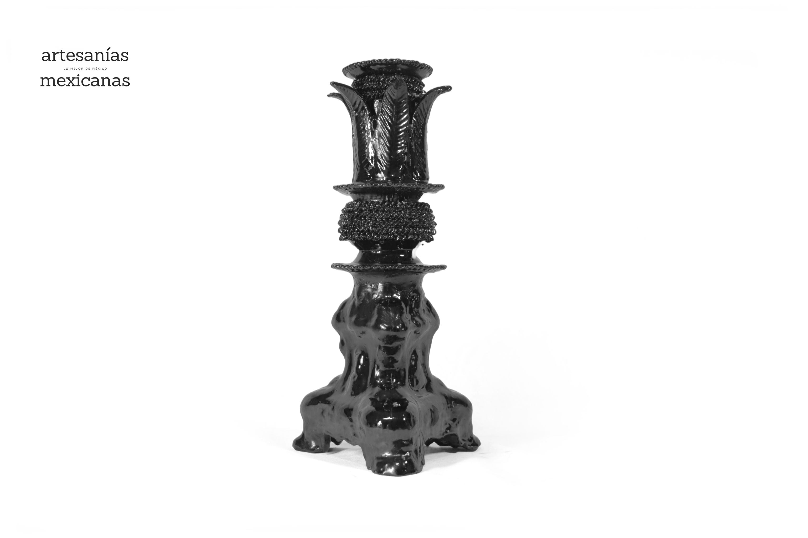 Set of 3 Candleholders Black with leaves - Glazed Clay Juan Gtz