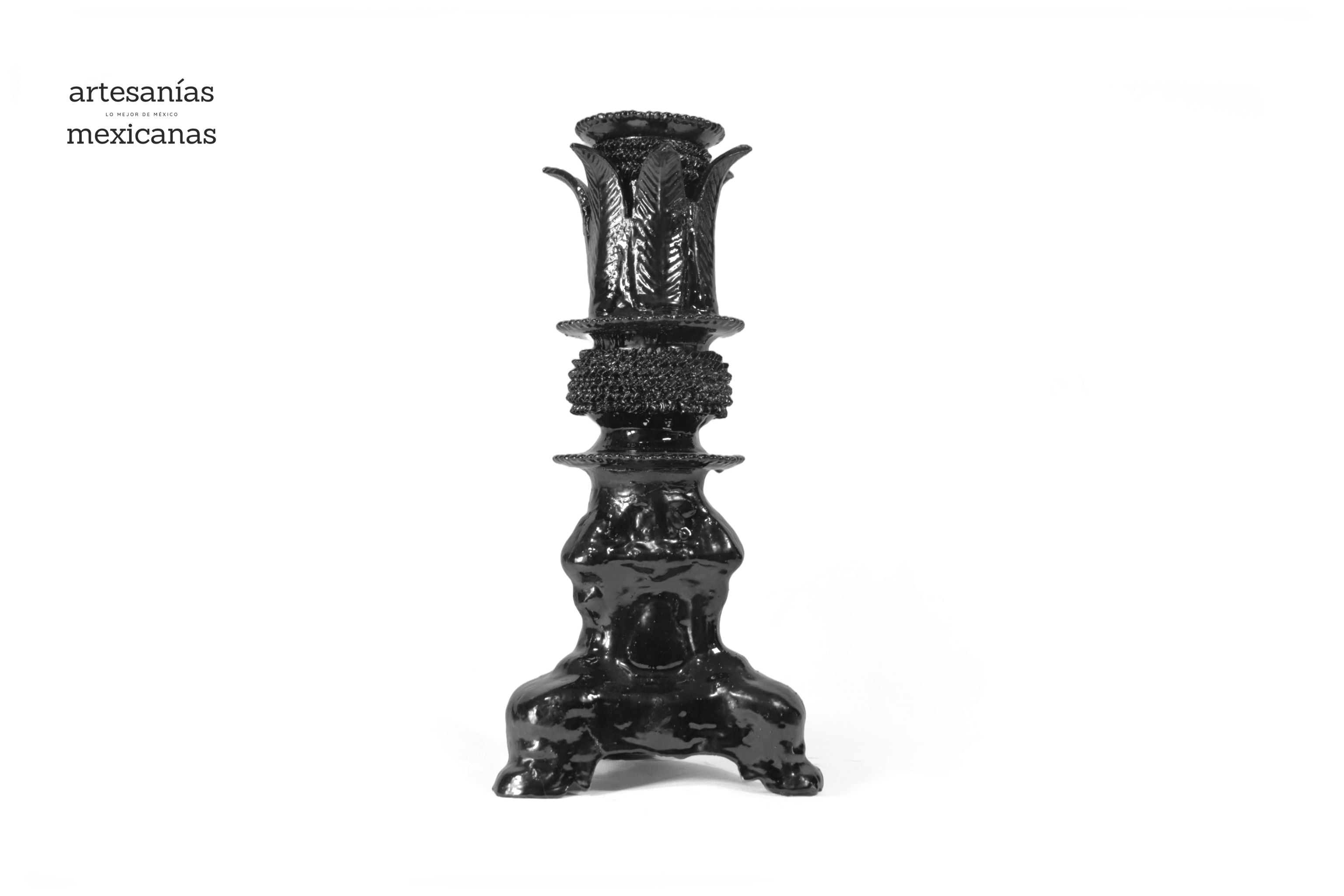 Set of 3 Candleholders Black with leaves - Glazed Clay Juan Gtz