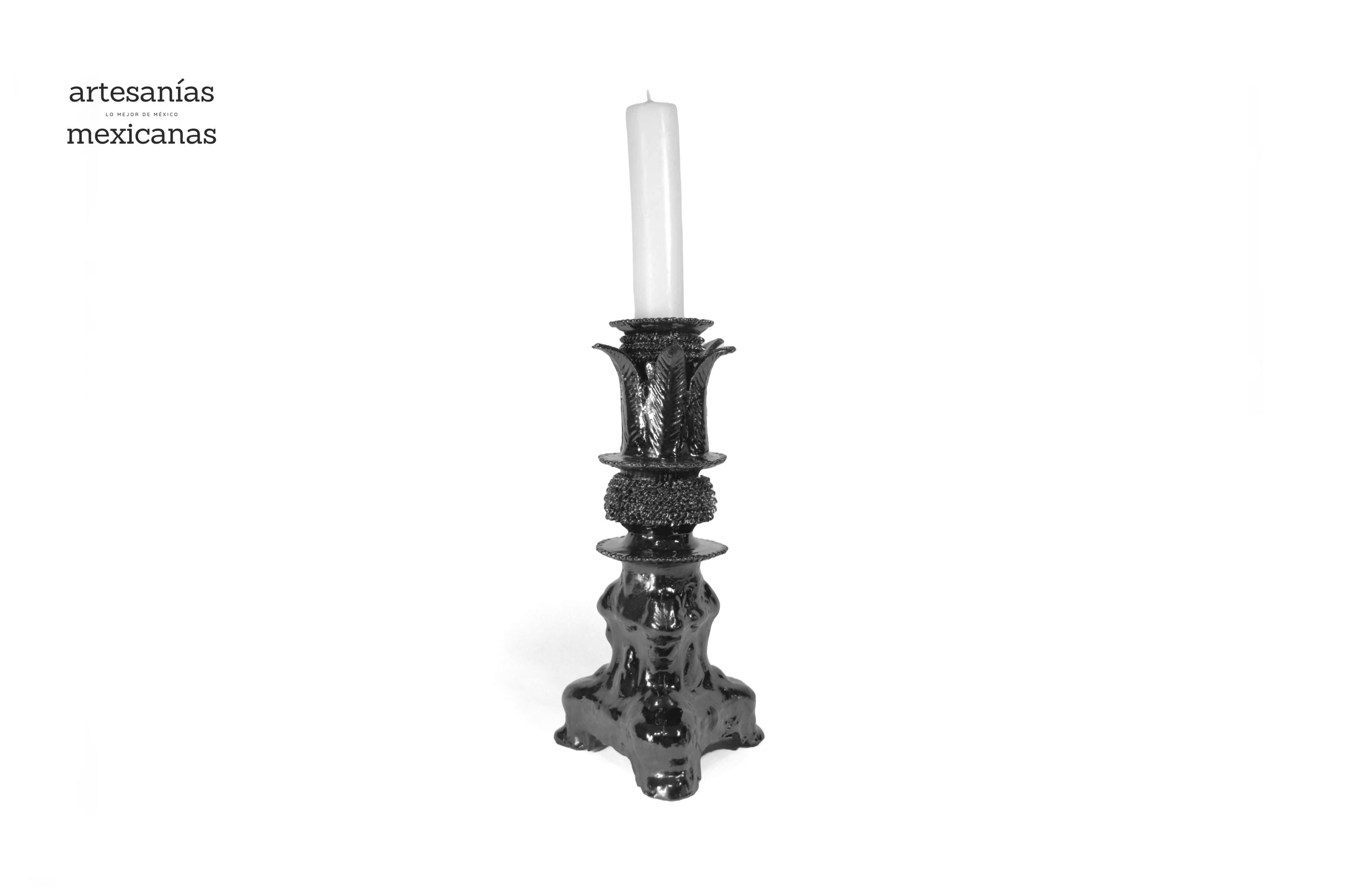 Set of 3 Candleholders Black with leaves - Glazed Clay Juan Gtz