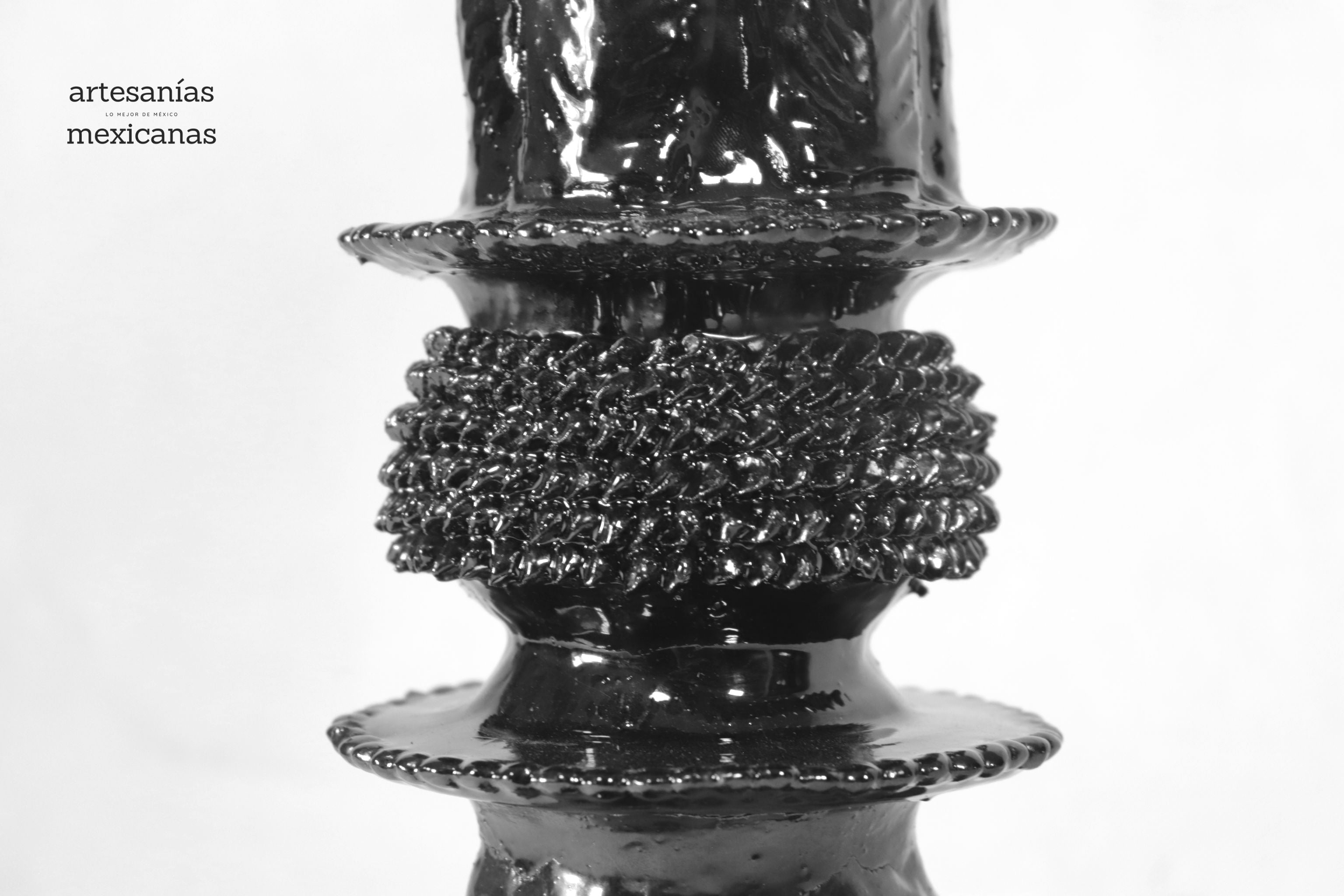 Set of 3 Candleholders Black with leaves - Glazed Clay Juan Gtz