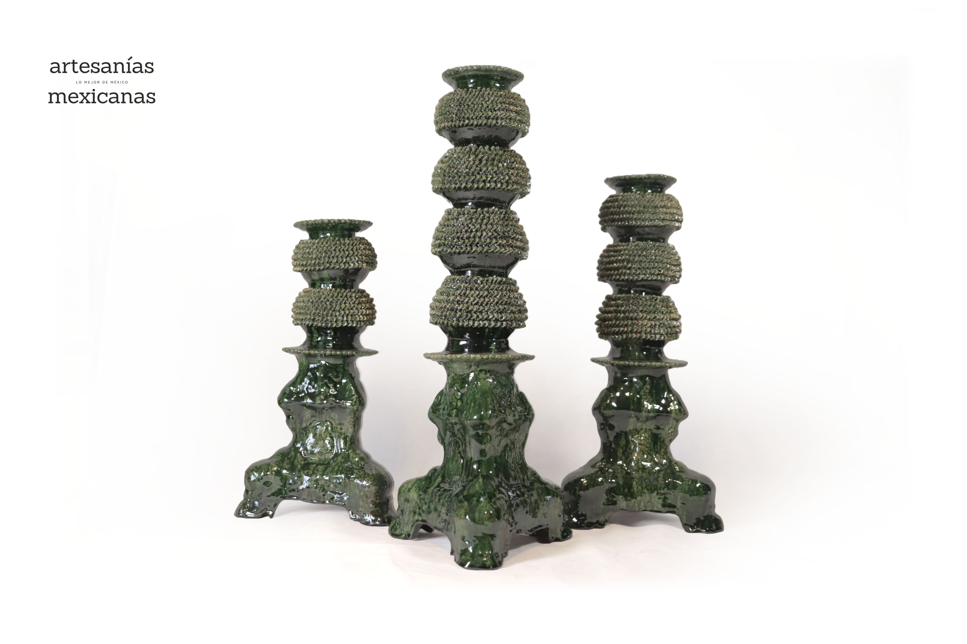 Set of 3 Candleholders Green - Glazed Clay Juan Gtz