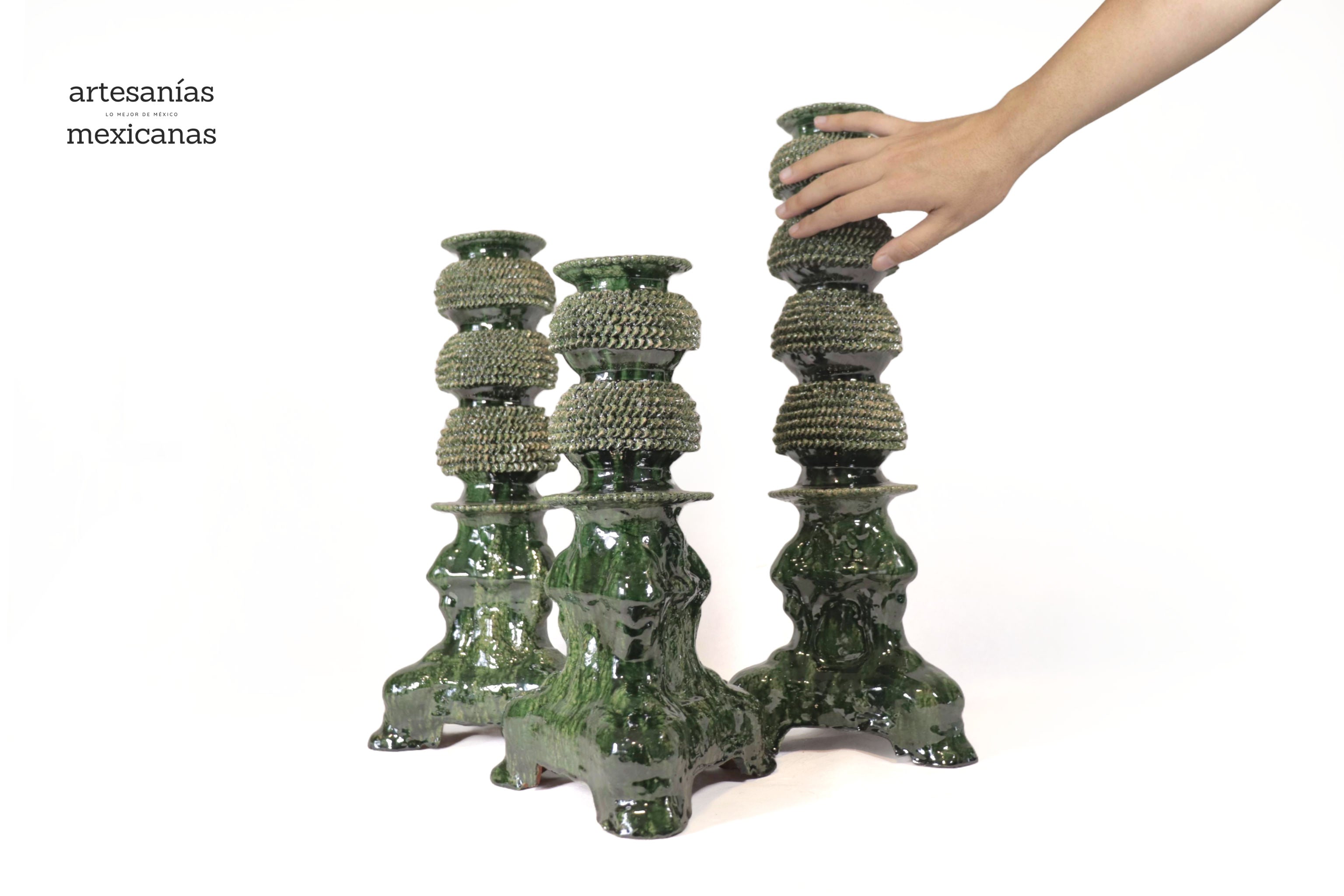 Set of 3 Candleholders Green - Glazed Clay Juan Gtz