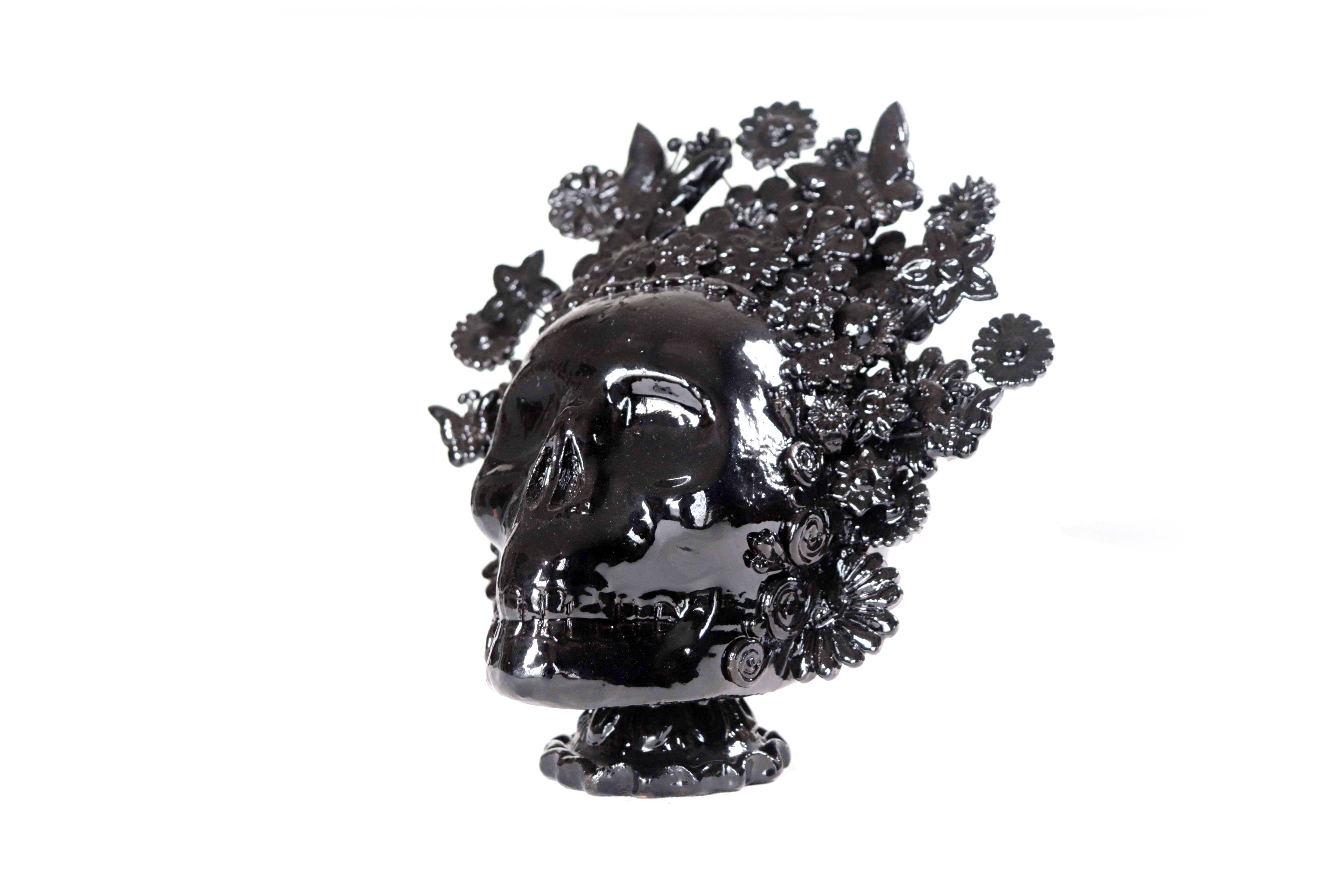 Skull with Headdress Black with Base- Glazed Clay - 8.8 in. Tereri
