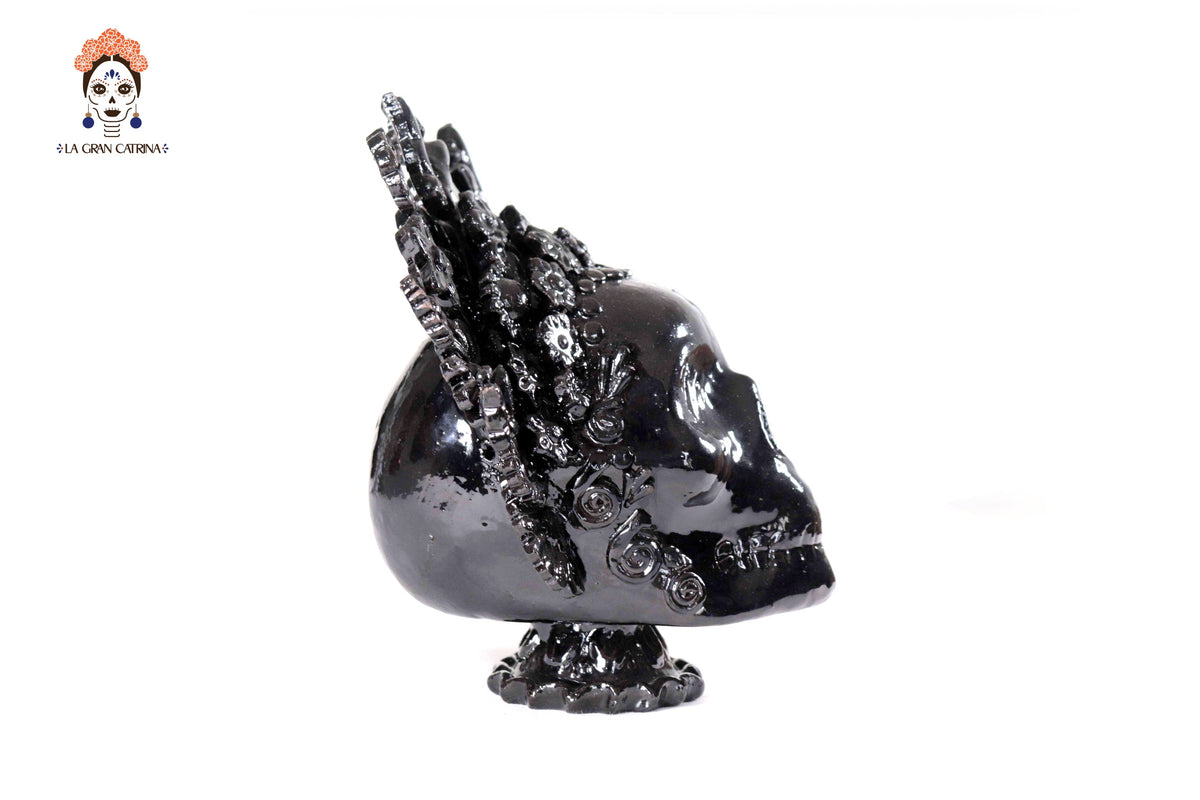 Skull with Headdress Black with Base- Glazed Clay - 8.8 in. Tereri