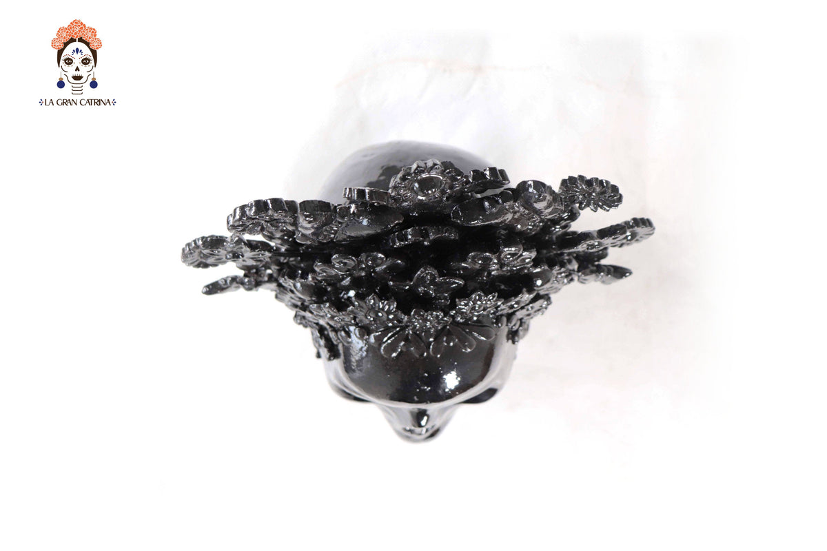 Skull with Headdress Black with Base- Glazed Clay - 8.8 in. Tereri