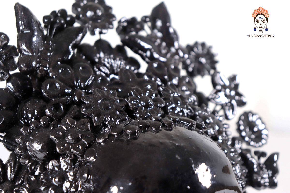 Skull with Headdress Black with Base- Glazed Clay - 8.8 in. Tereri