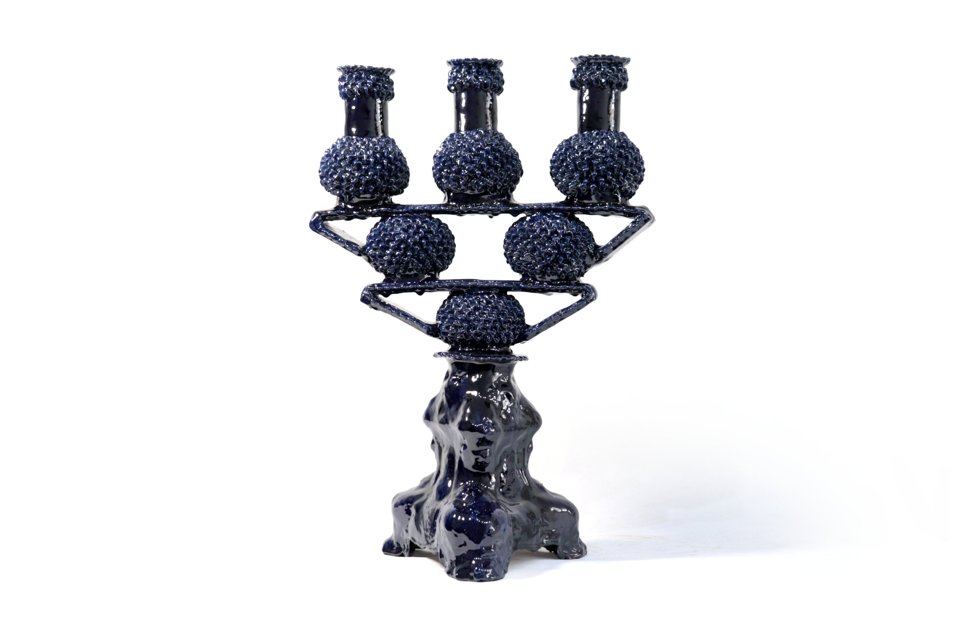3-Candle Candleholder - Blue Round Ornaments - Glazed Clay Juan Gtz