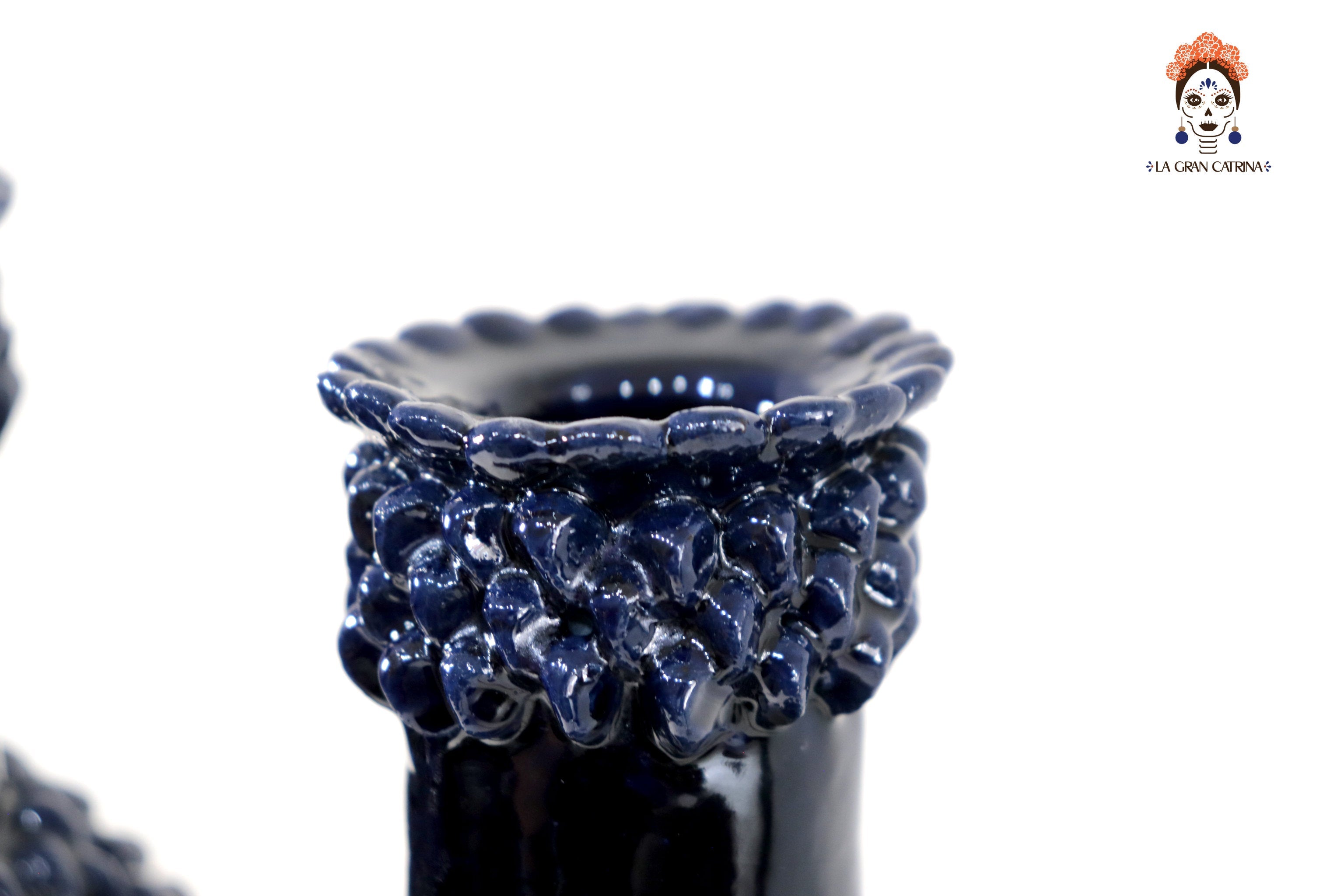 3-Candle Candleholder - Blue Round Ornaments - Glazed Clay Juan Gtz