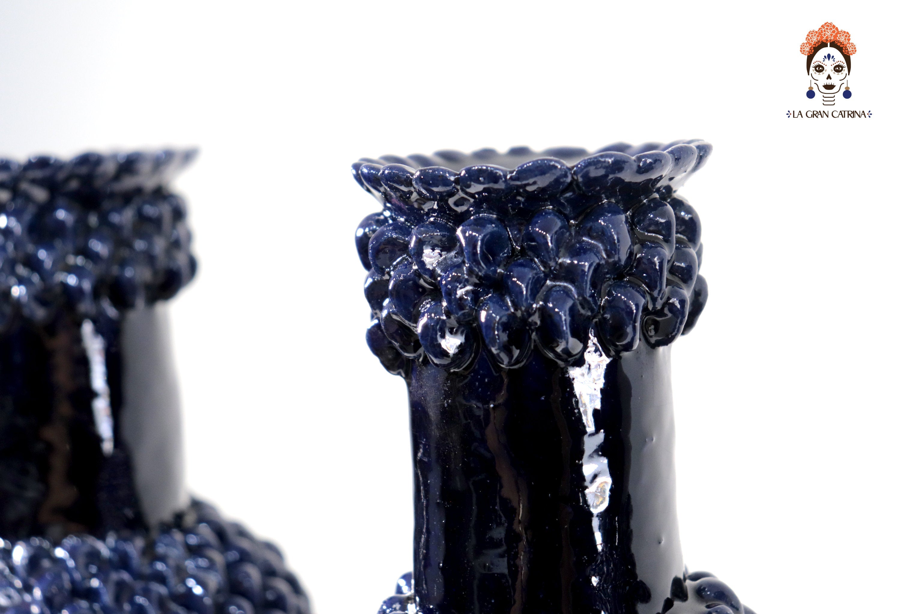 3-Candle Candleholder - Blue Round Ornaments - Glazed Clay Juan Gtz