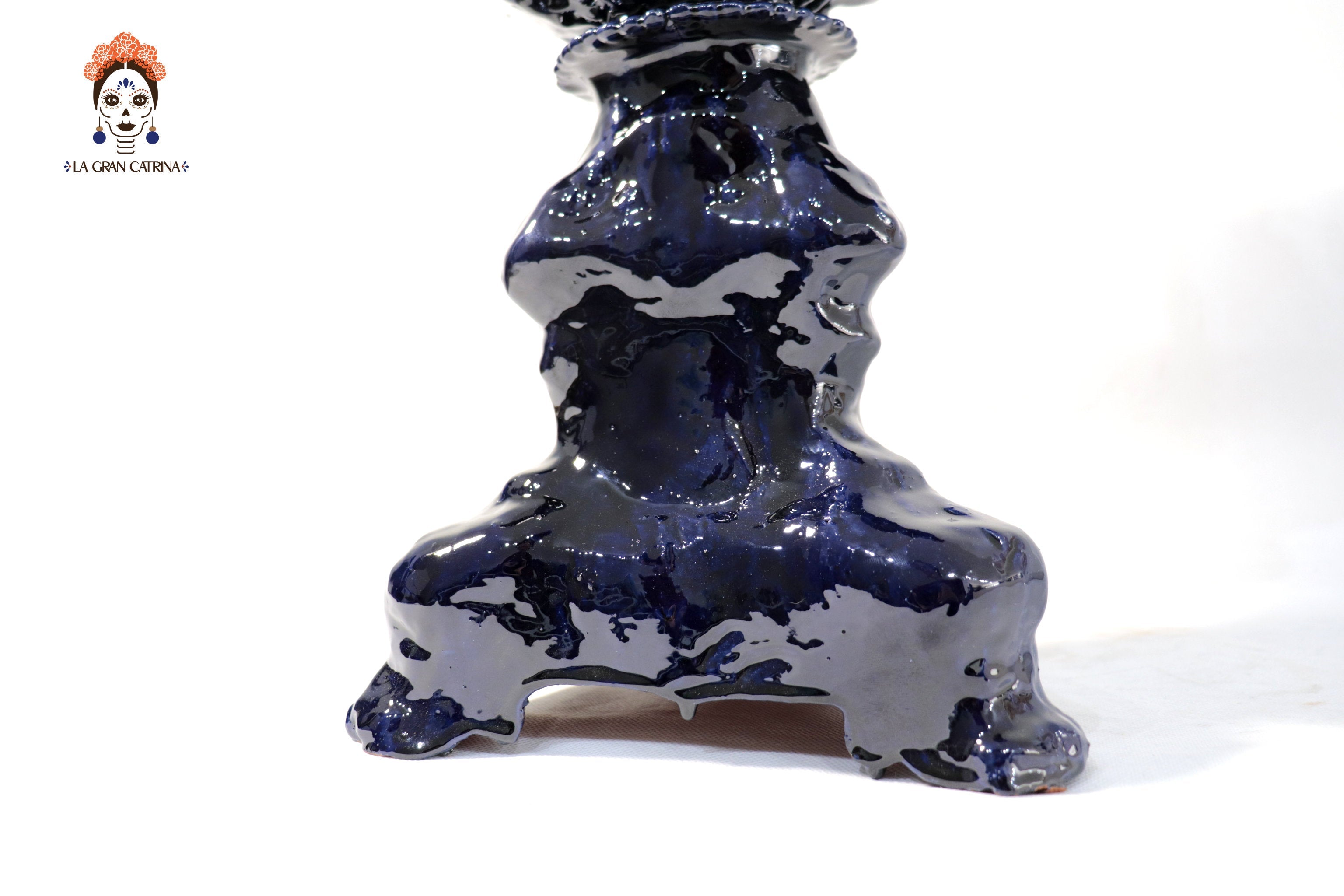 3-Candle Candleholder - Blue Round Ornaments - Glazed Clay Juan Gtz