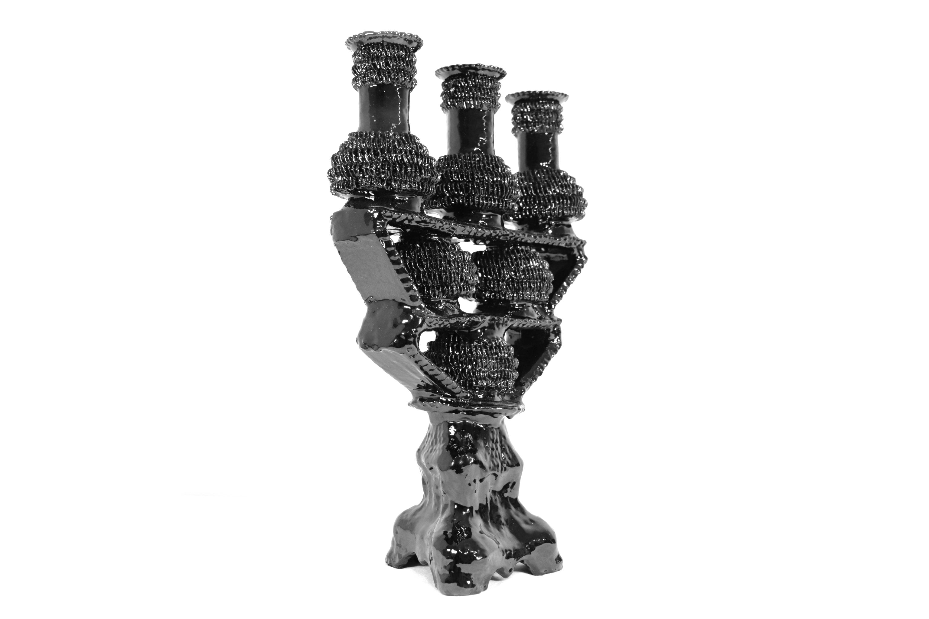 3-Candle Candleholder - Black with Round Ornaments - Glazed Clay Juan Gtz