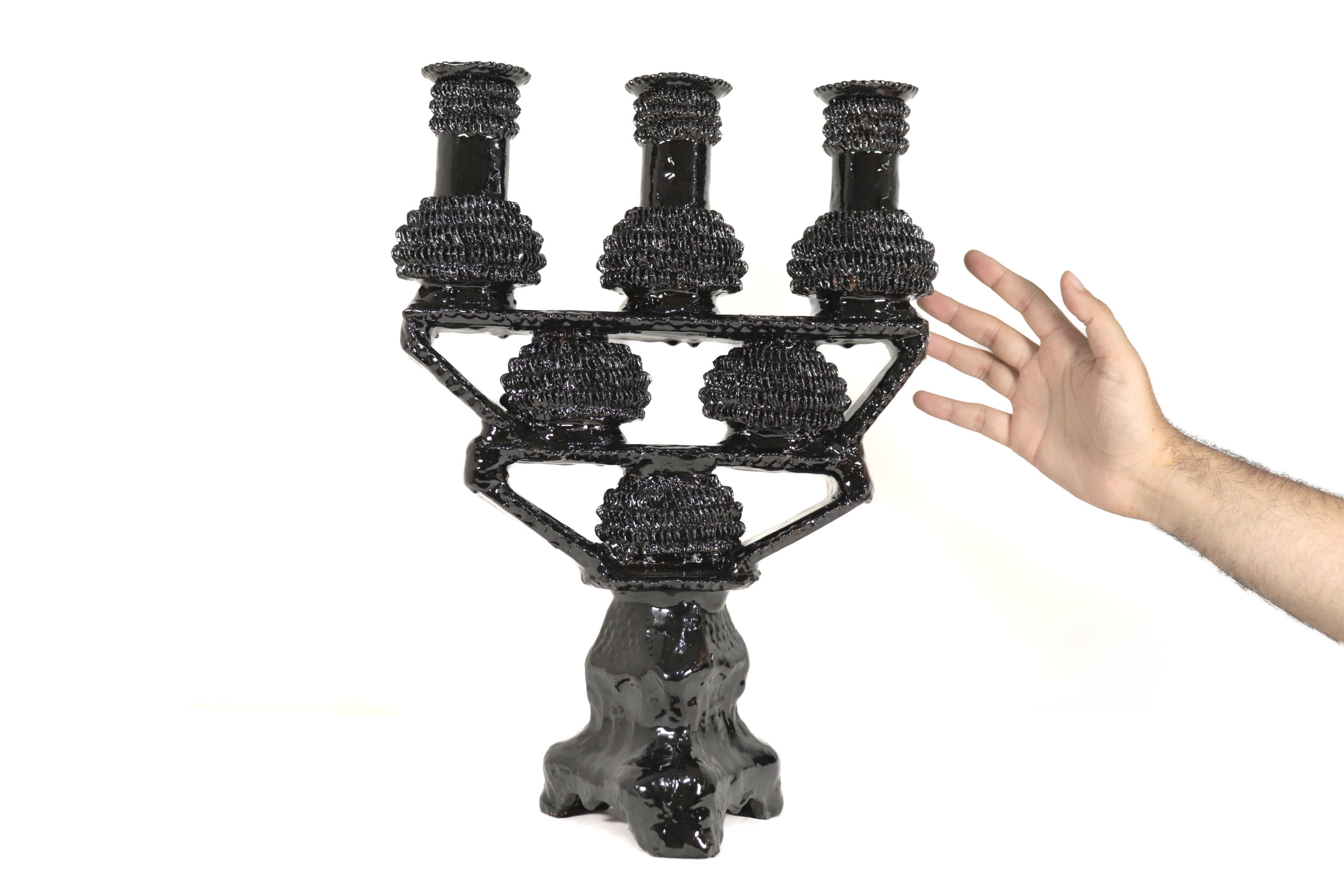 3-Candle Candleholder - Black with Round Ornaments - Glazed Clay Juan Gtz