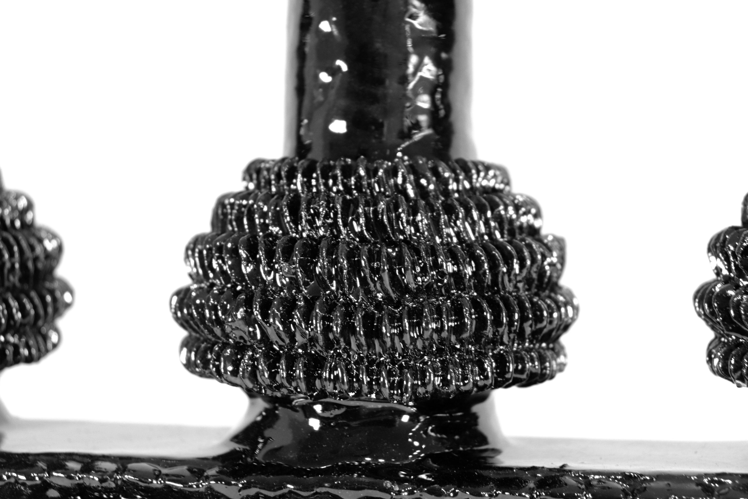 3-Candle Candleholder - Black with Round Ornaments - Glazed Clay Juan Gtz