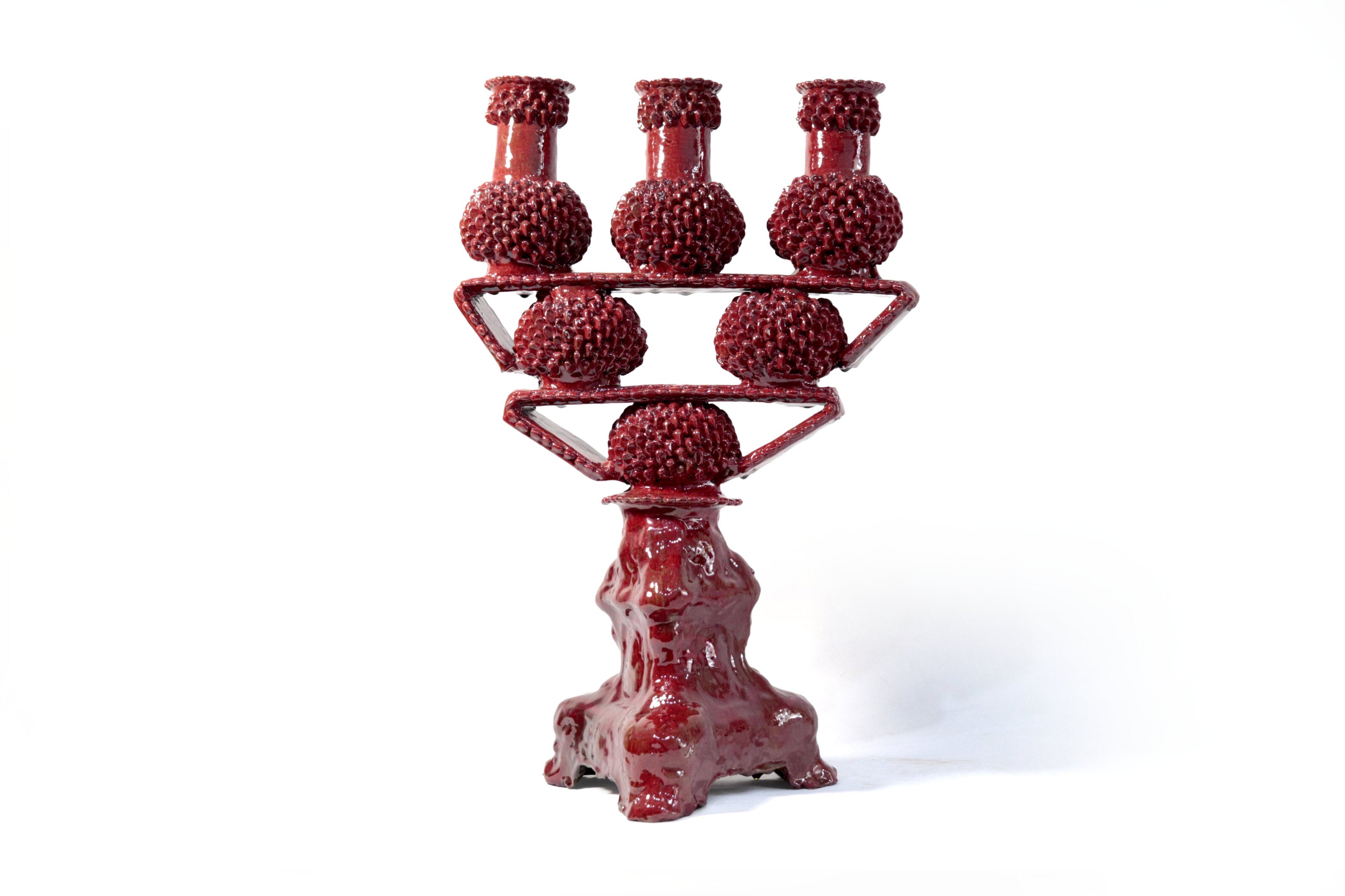 3-Candle Candleholder - Red Round Ornaments - Glazed Clay Juan Gtz
