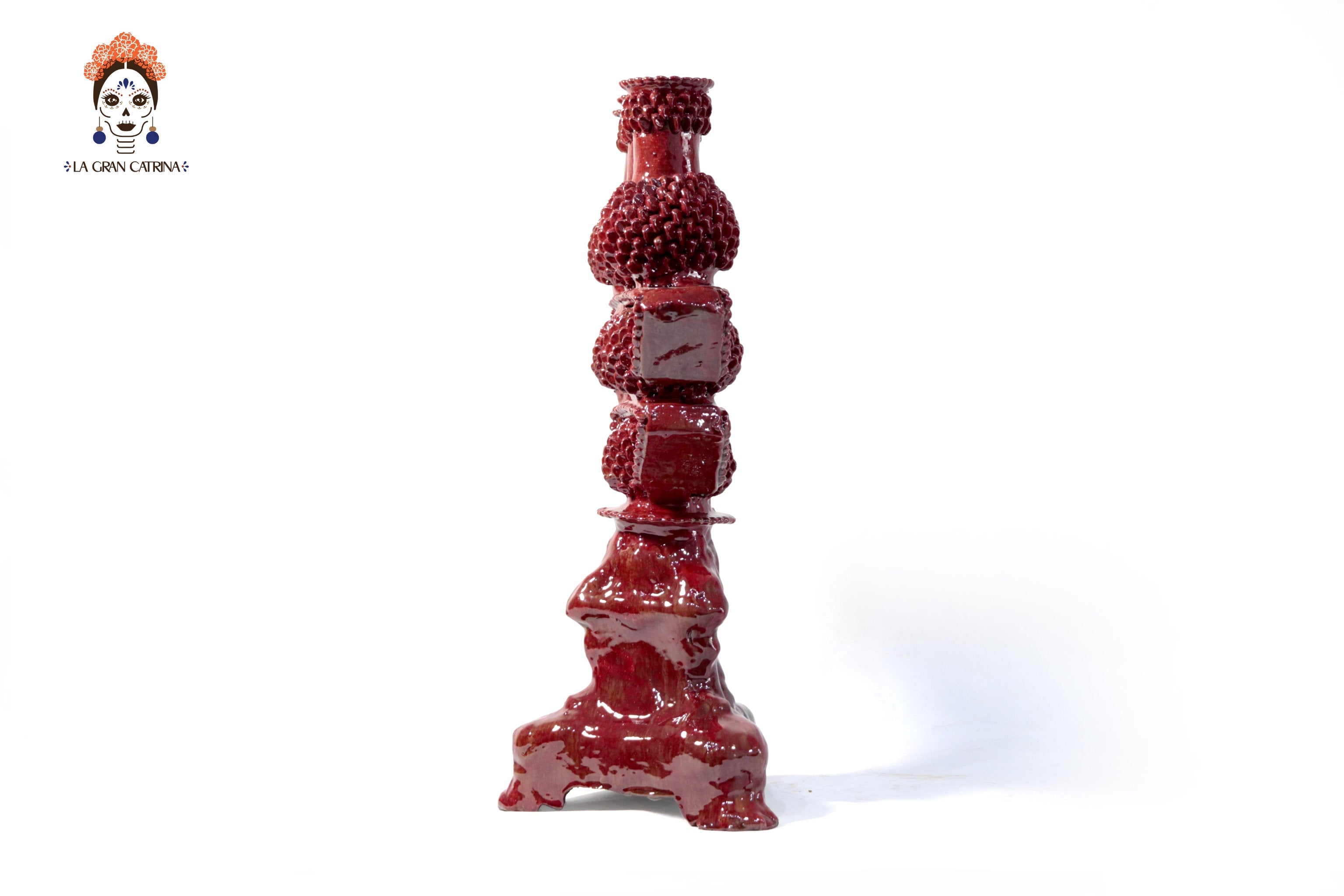3-Candle Candleholder - Red Round Ornaments - Glazed Clay Juan Gtz