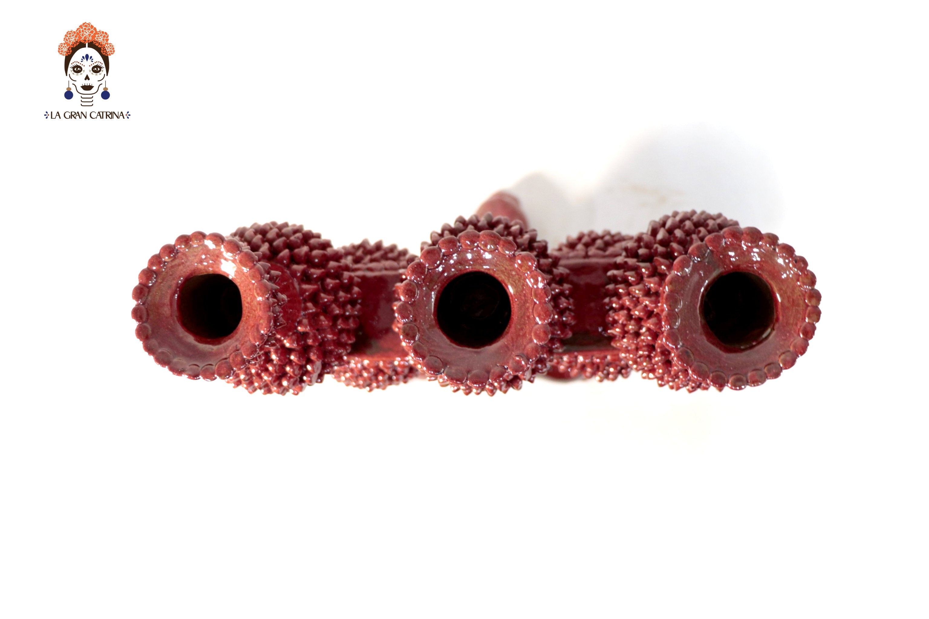 3-Candle Candleholder - Red Round Ornaments - Glazed Clay Juan Gtz