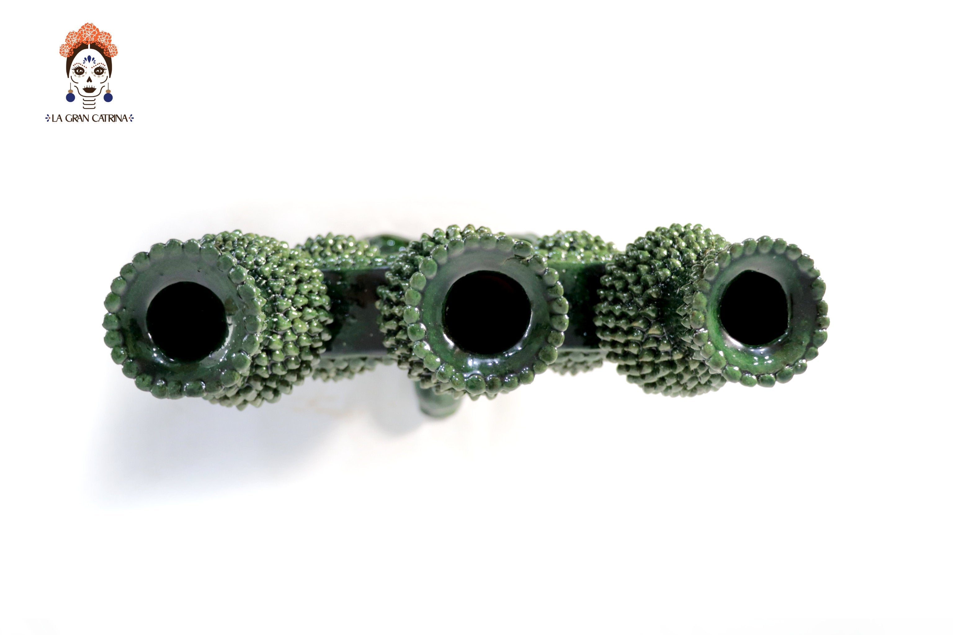 3-Candle Candleholder - Green Round Ornaments - Glazed Clay Juan Gtz