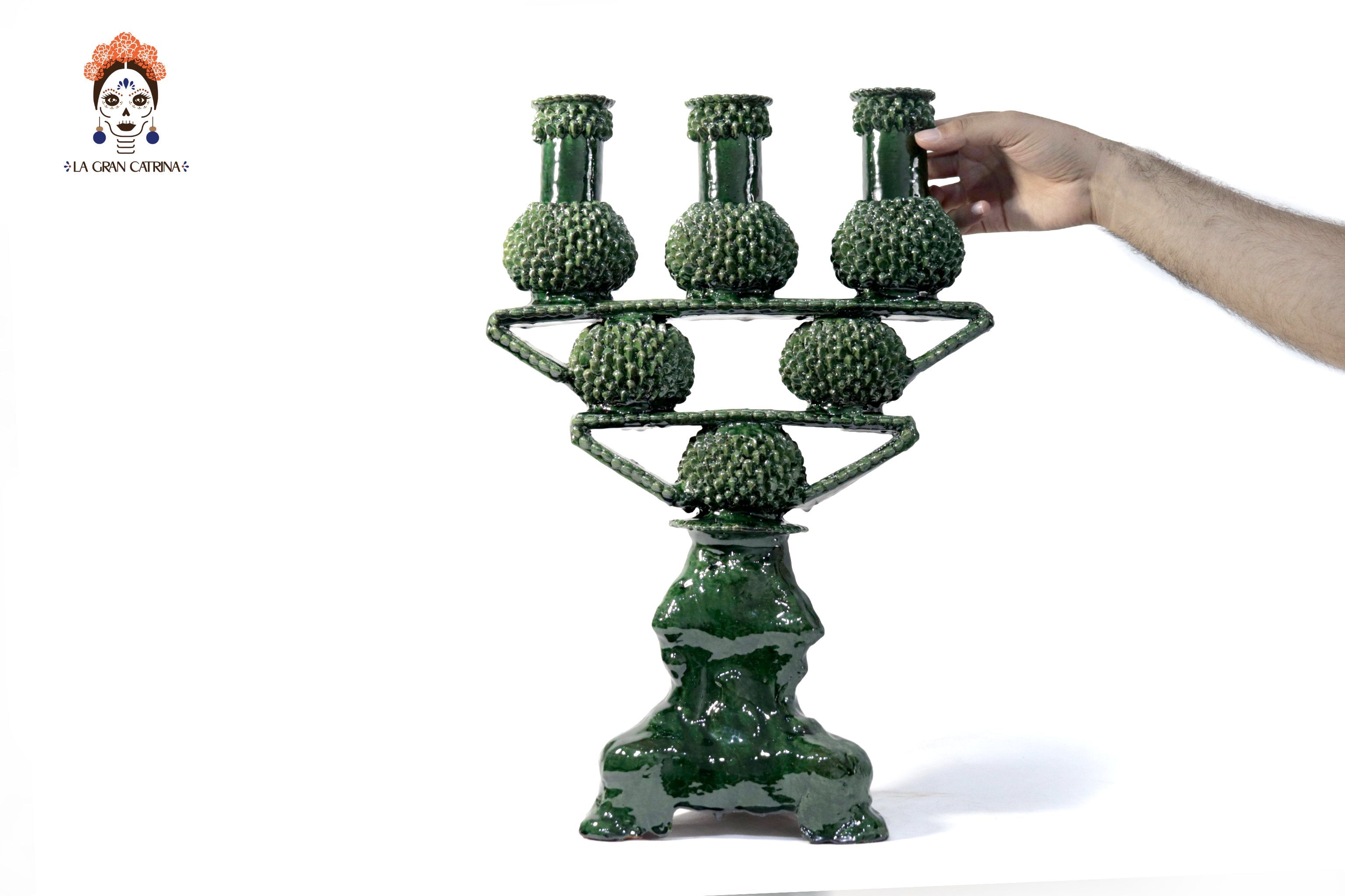3-Candle Candleholder - Green Round Ornaments - Glazed Clay Juan Gtz